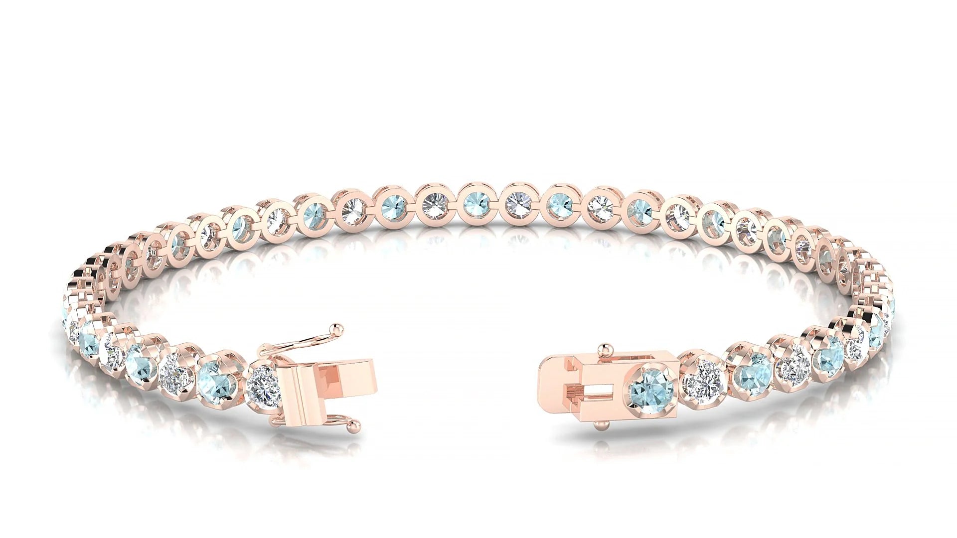 Bengal 1-1 | 18k Rose Gold 3 mm Round Natural Aquamarine & Diamond Tennis Bracelet