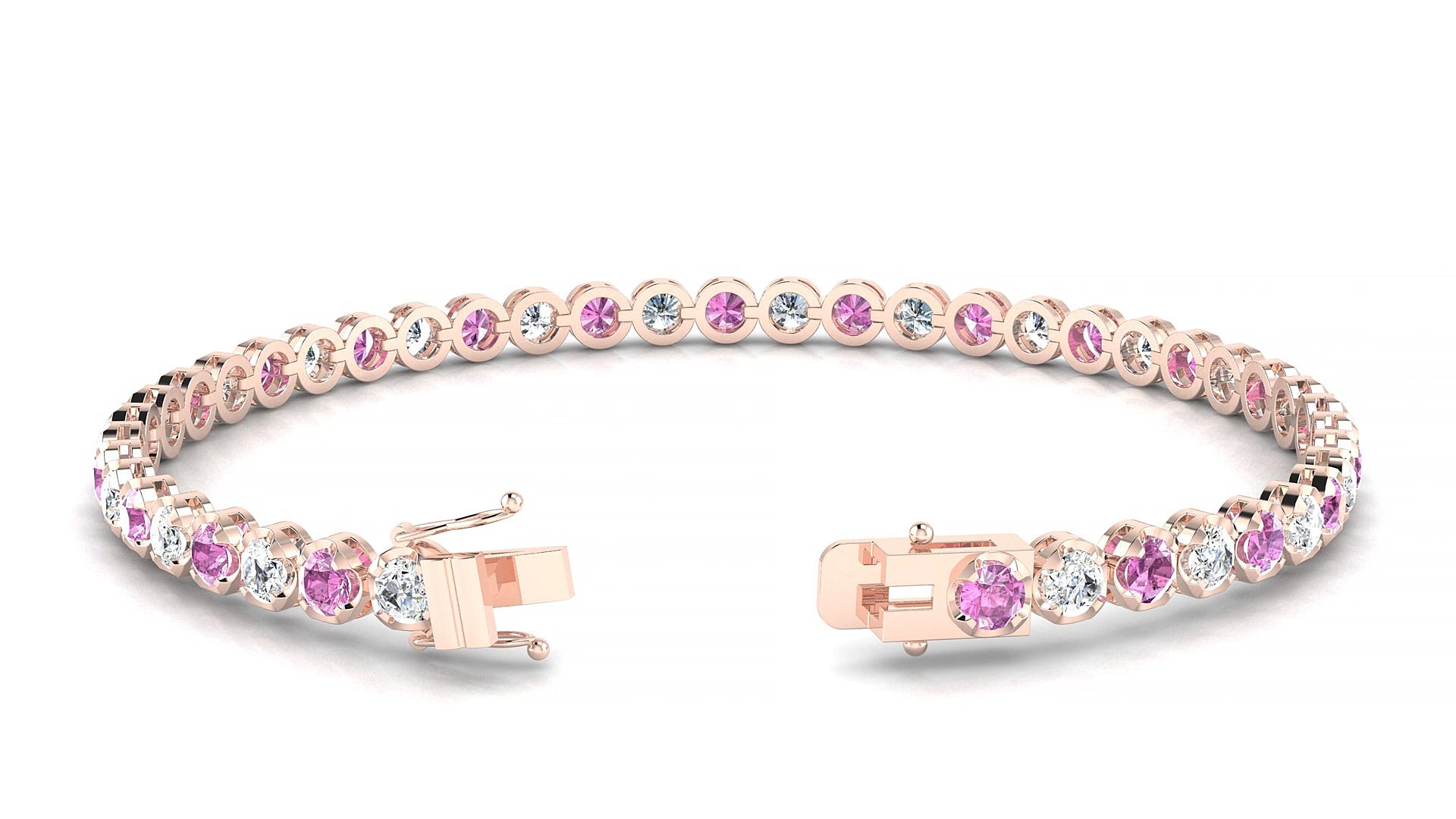 Bengal 1-1 | 18k Rose Gold 3 mm Round Natural Pink Sapphire & Diamond 15 cm Tennis Bracelet