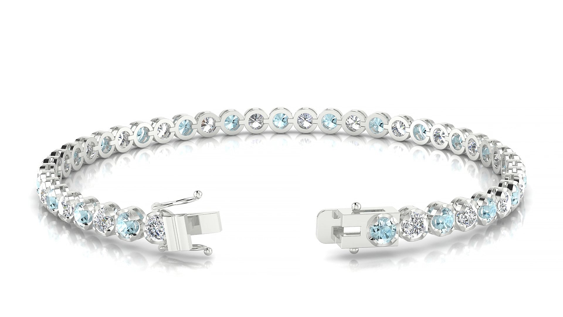 Bengal 1-1 | 18k White Gold 3 mm Round Natural Aquamarine & Diamond 17 cm Tennis Bracelet