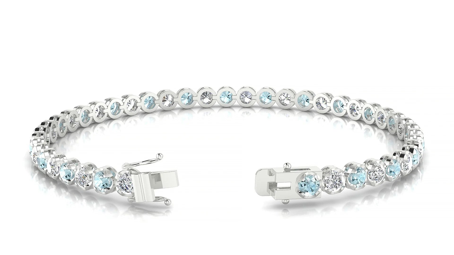 Bengal 1-1 | 18k White Gold 3 mm Round Natural Aquamarine & Diamond Tennis Bracelet