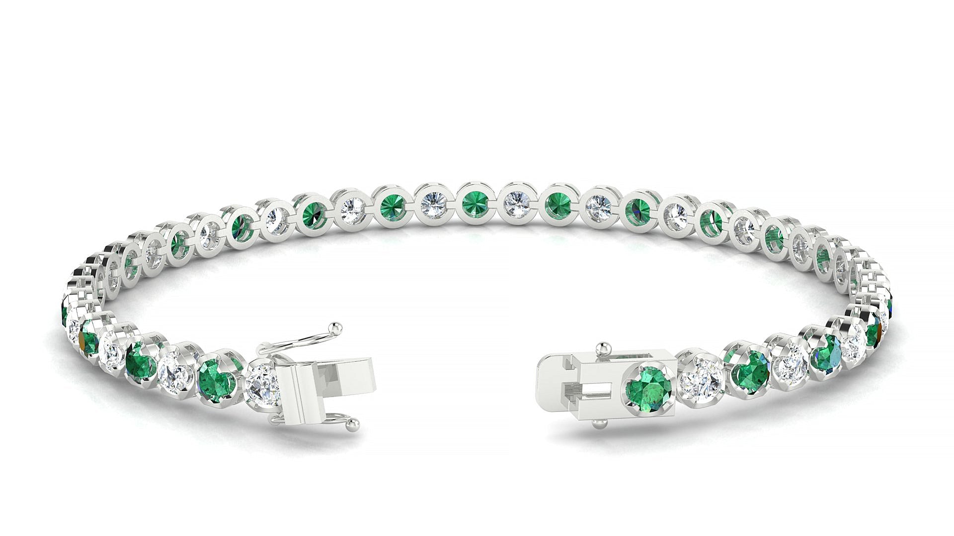 Bengal 1-1 | 18k White Gold 3 mm Round Natural Emerald & Diamond Tennis Bracelet