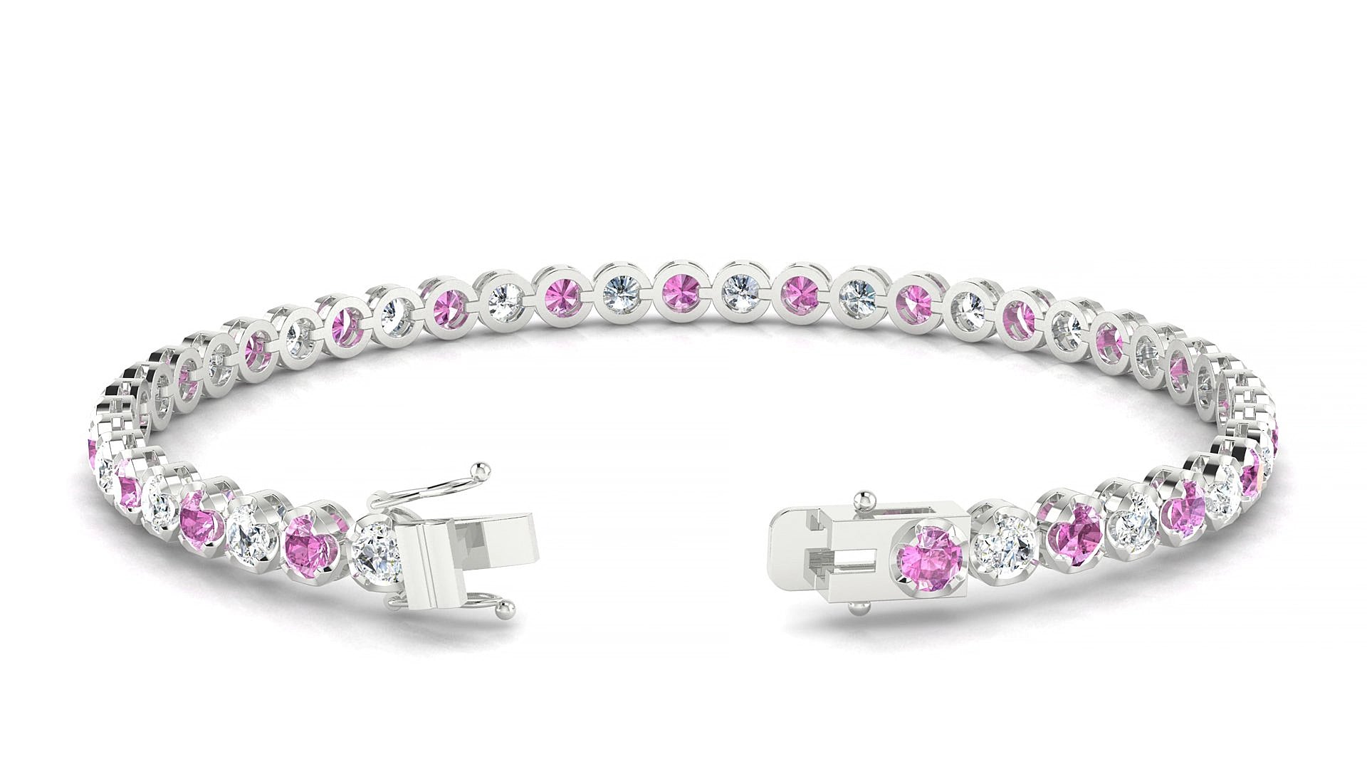 Bengal 1-1 | 18k White Gold 3 mm Round Natural Pink Sapphire & Diamond 15 cm Tennis Bracelet