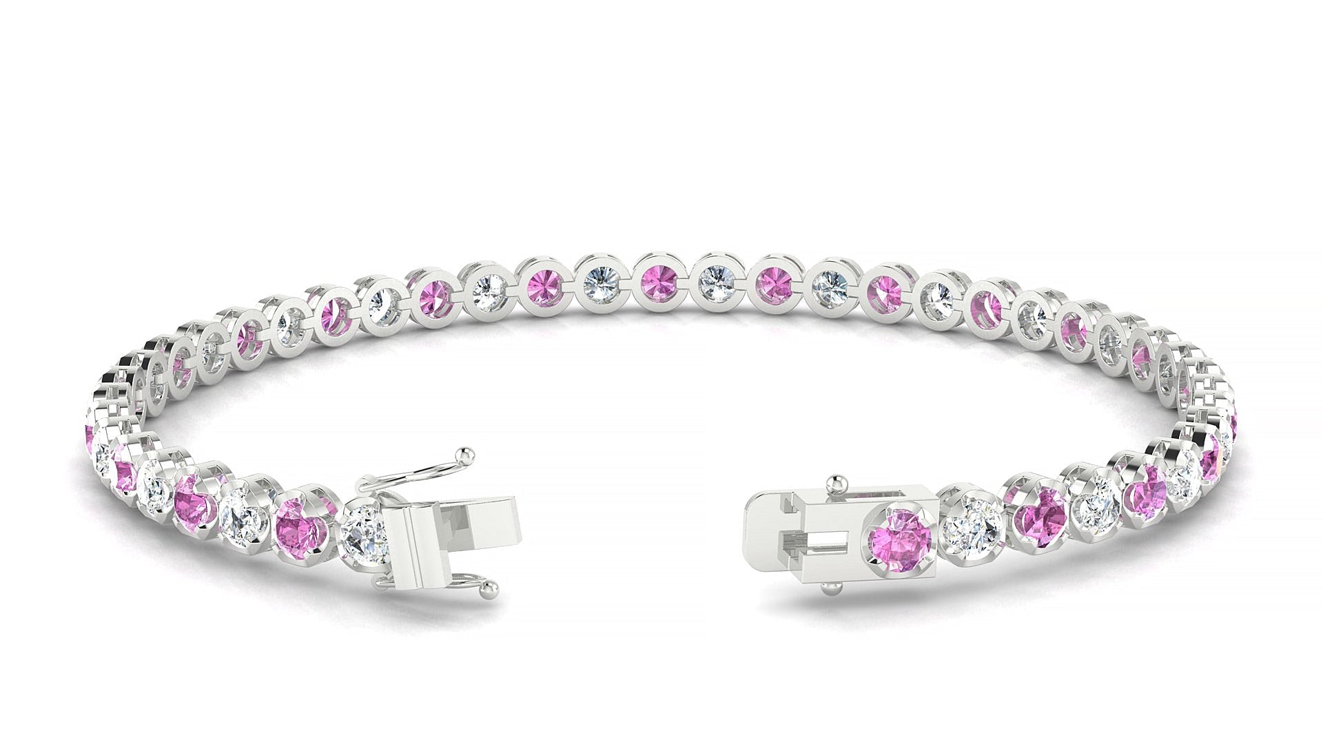 Bengal 1-1 | 18k White Gold 3 mm Round Natural Pink Sapphire & Diamond Tennis Bracelet