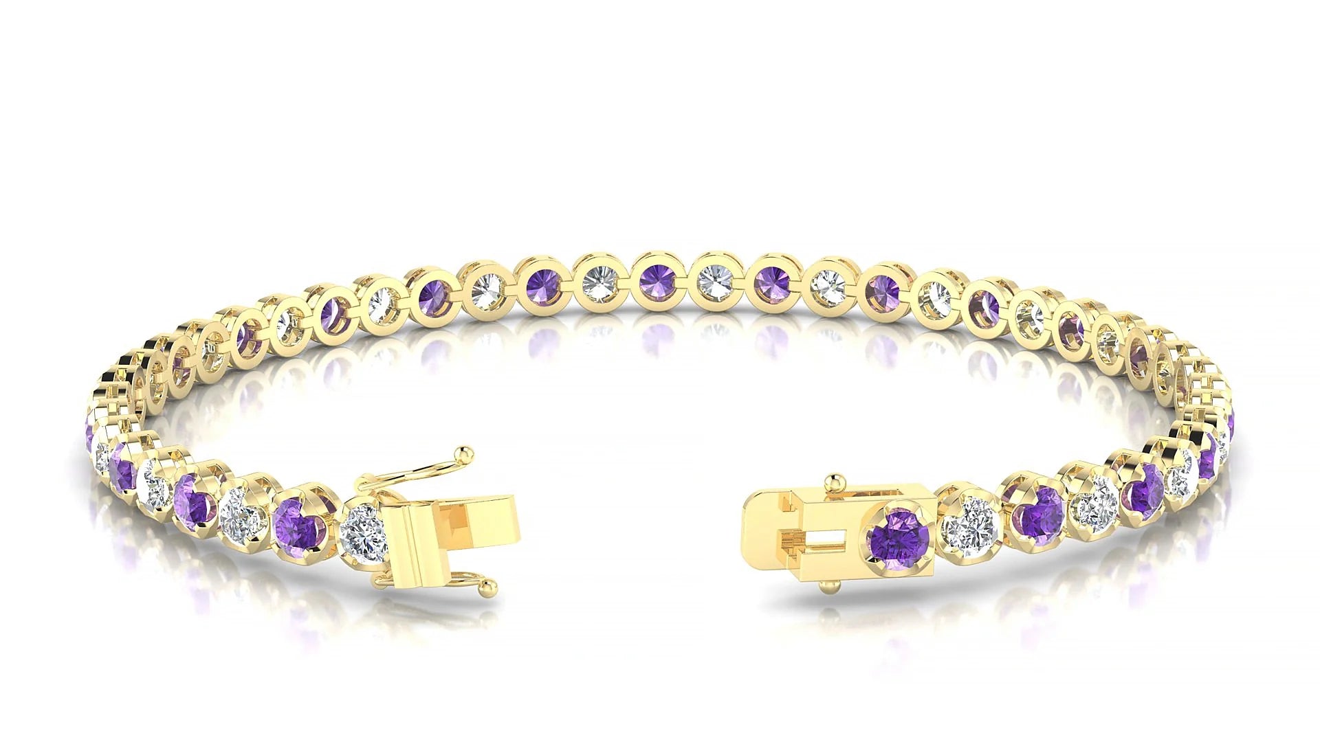 Bengal 1-1 | 18k Yellow Gold 3 mm Round Natural Amethyst & Diamond Tennis Bracelet