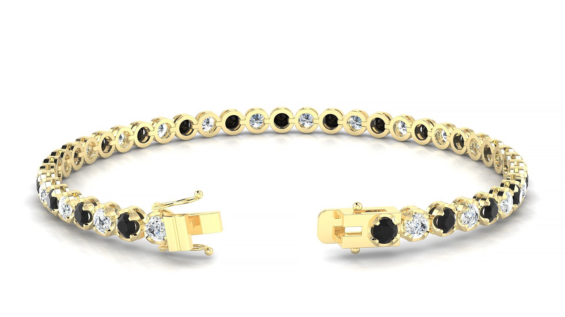 Bengal 1-1 | 18k Yellow Gold 3 mm Round Natural Black Diamond & Diamond Tennis Bracelet