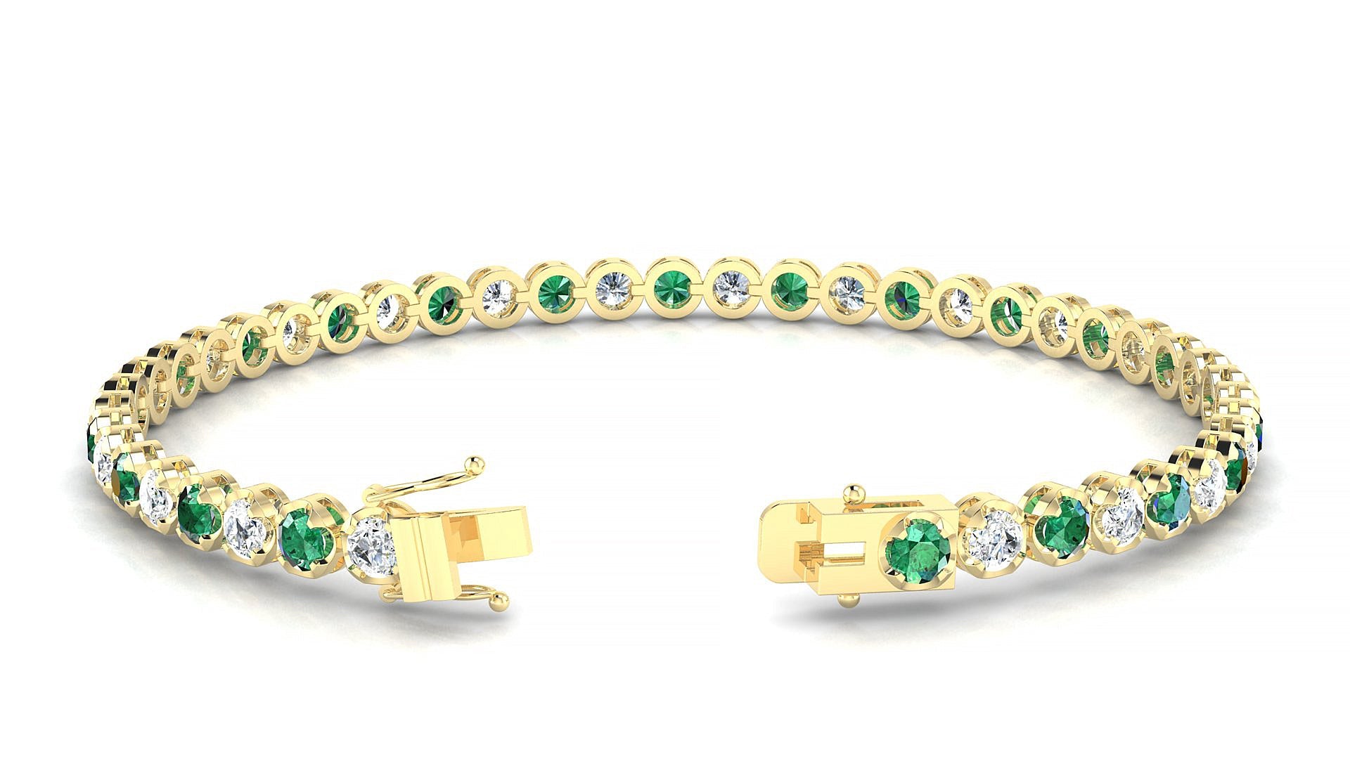 Bengal 1-1 | 18k Yellow Gold 3 mm Round Natural Emerald & Diamond Tennis Bracelet