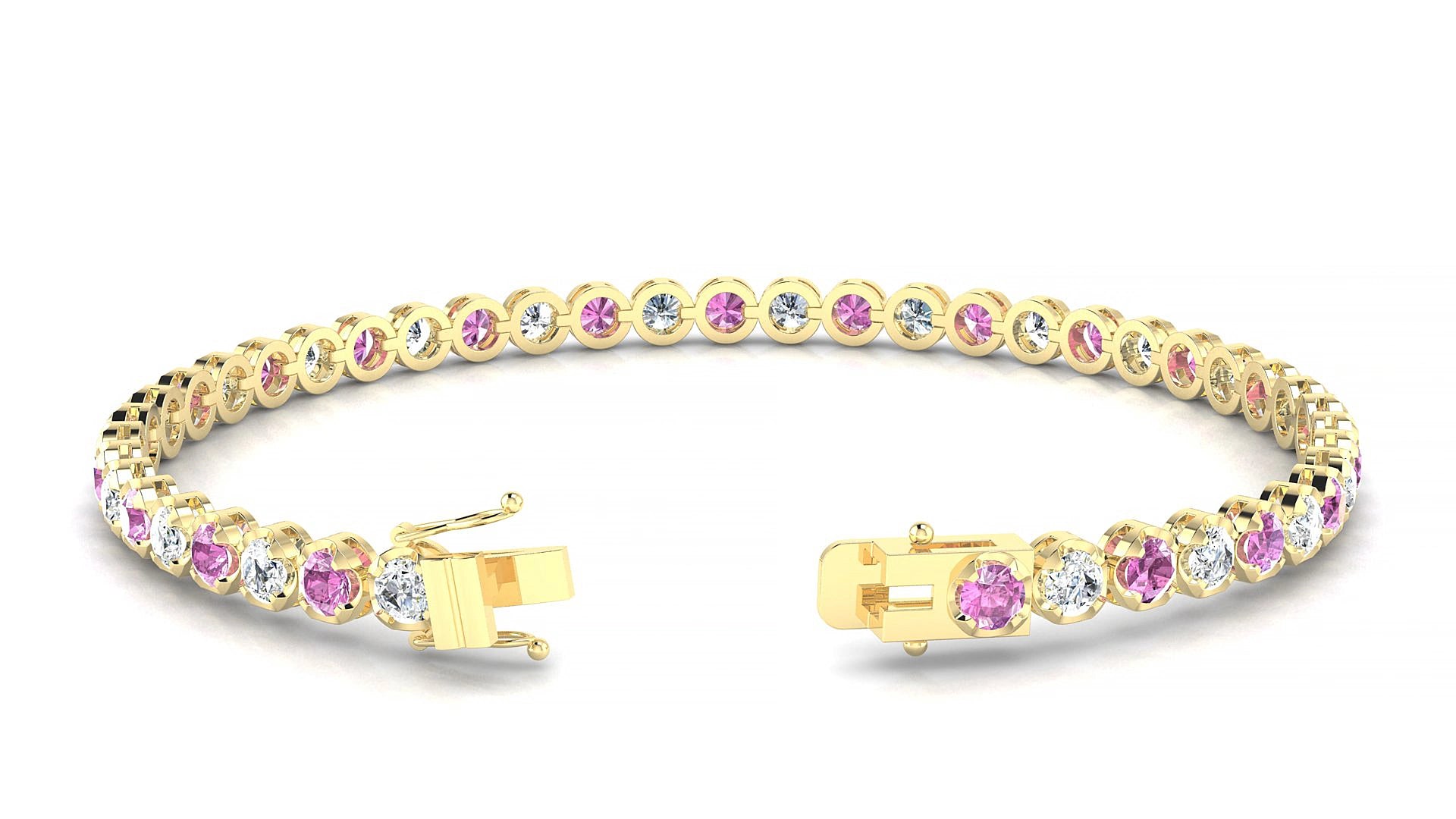 Bengal 1-1 | 18k Yellow Gold 3 mm Round Natural Pink Sapphire & Diamond 20 cm Tennis Bracelet