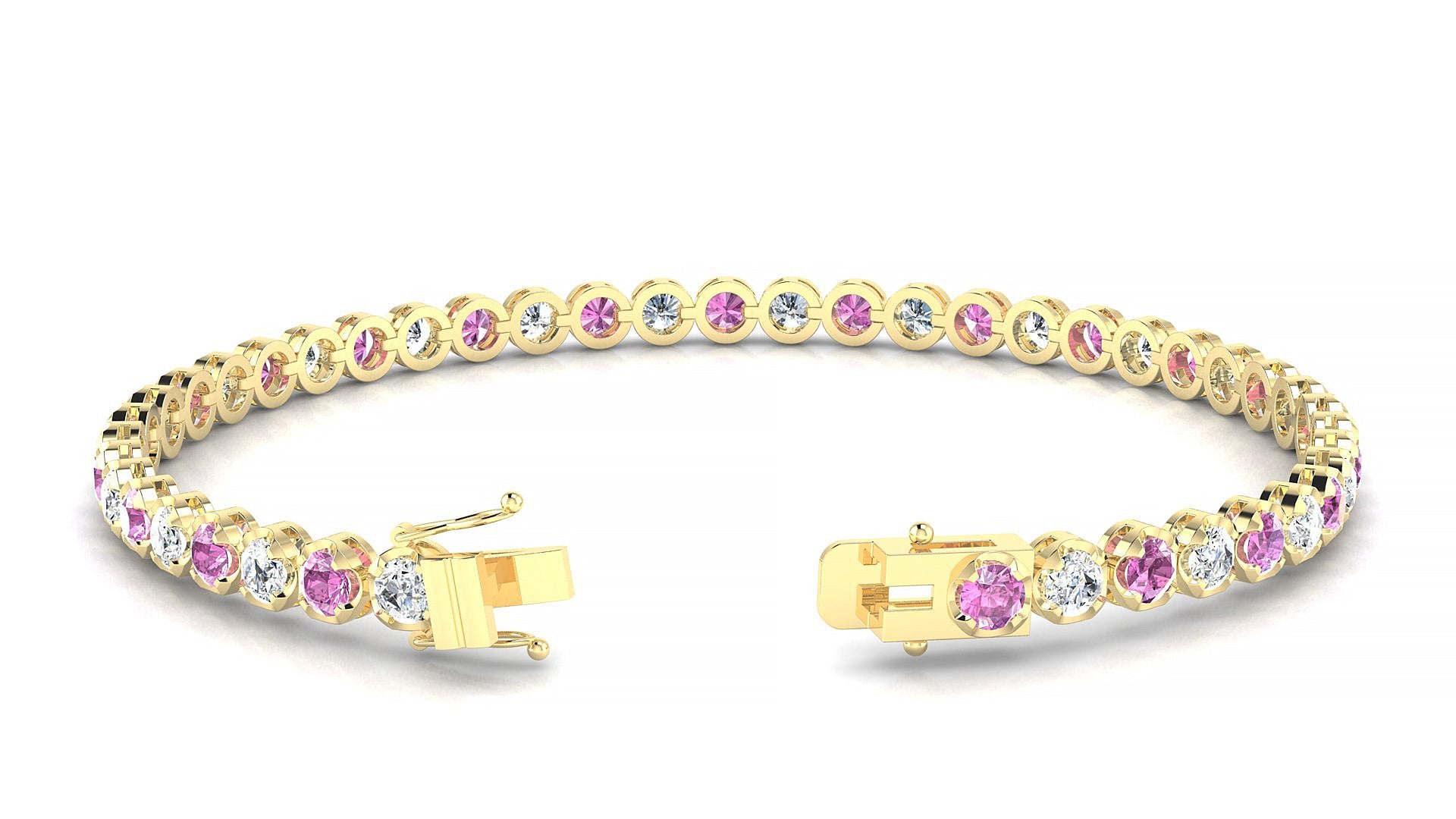 Bengal 1-1 | 18k Yellow Gold 3 mm Round Natural Pink Sapphire & Diamond Tennis Bracelet