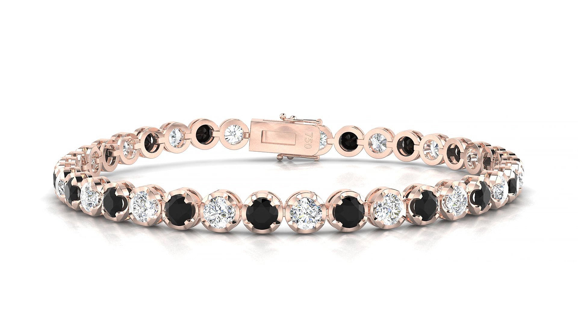 Bengal 1-1 | 18k Rose Gold 3.4 mm Round Natural Black Diamond & Diamond 15 cm Tennis Bracelet
