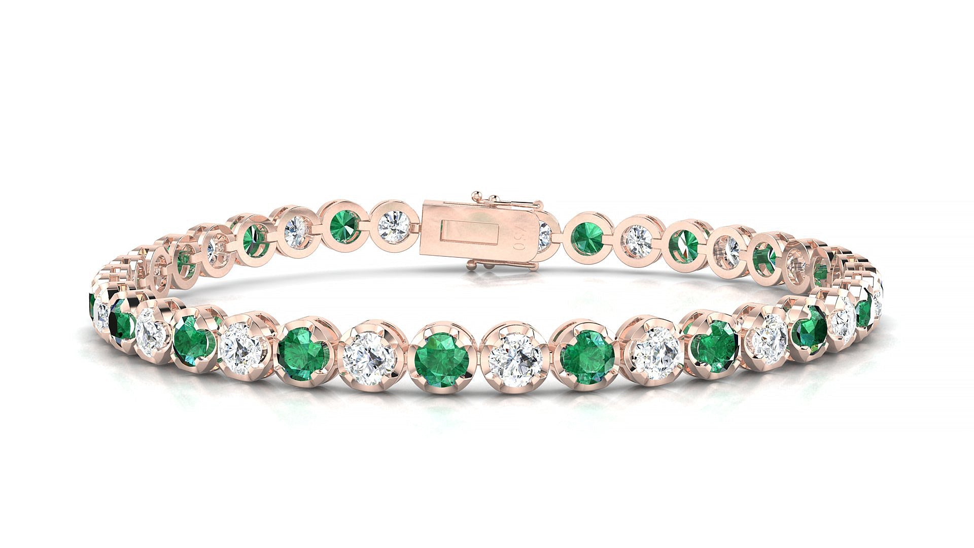 Bengal 1-1 | 18k Rose Gold 3.4 mm Round Natural Emerald & Diamond Tennis Bracelet