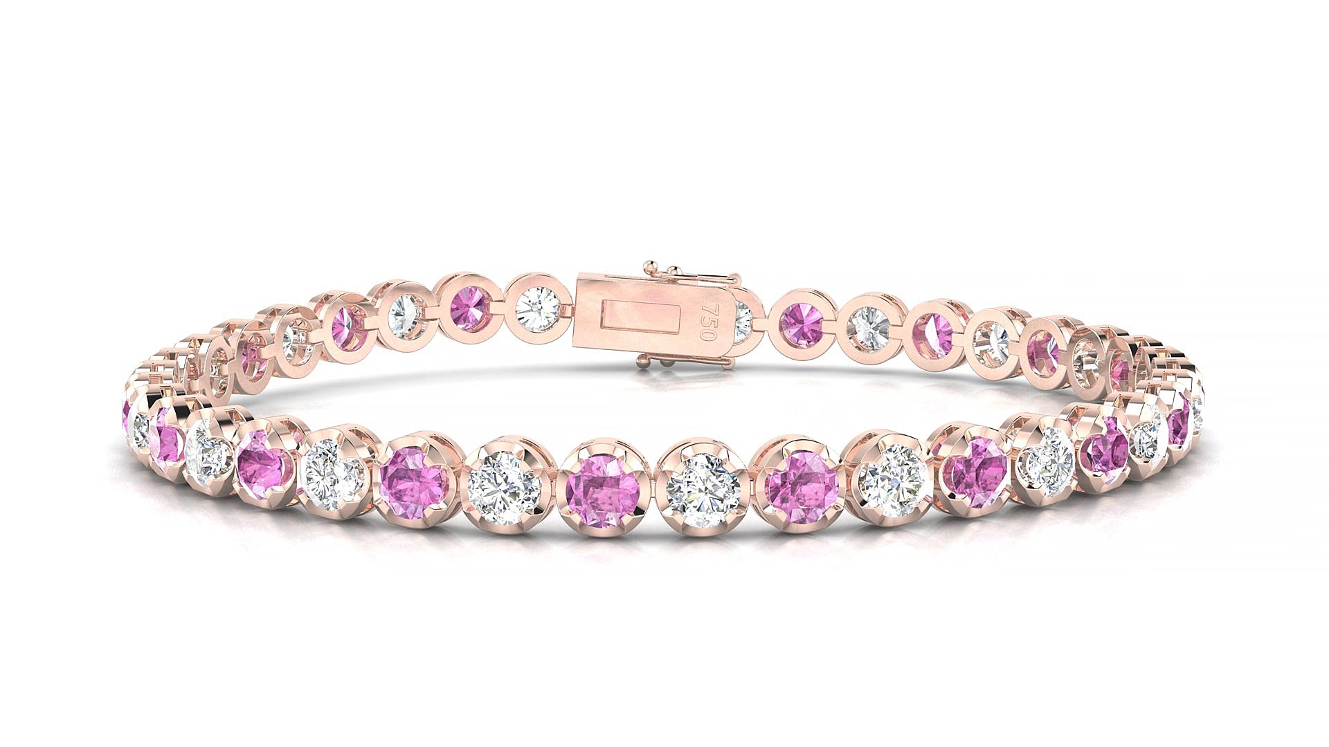 Bengal 1-1 | 18k Rose Gold 3.4 mm Round Natural Pink Sapphire & Diamond 15 cm Tennis Bracelet