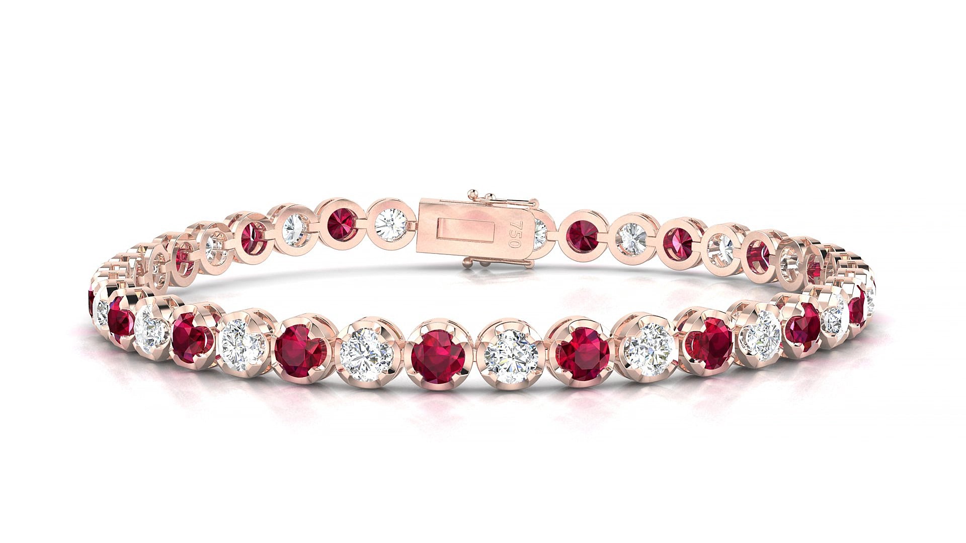 Bengal 1-1 | 18k Rose Gold 3.4 mm Round Natural Ruby & Diamond 16 cm Tennis Bracelet