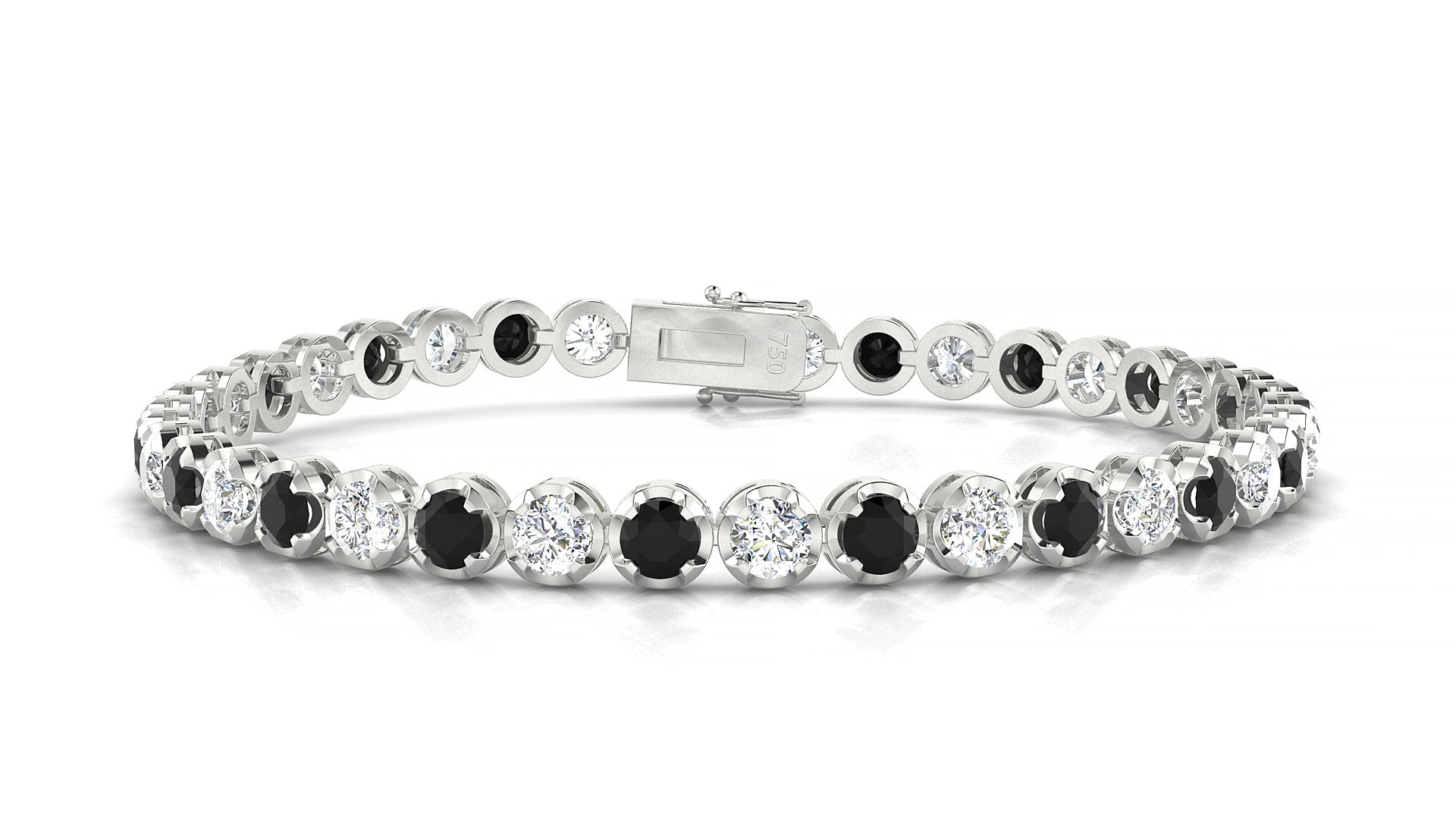 Bengal 1-1 | 18k White Gold 3.4 mm Round Natural Black Diamond & Diamond 16 cm Tennis Bracelet