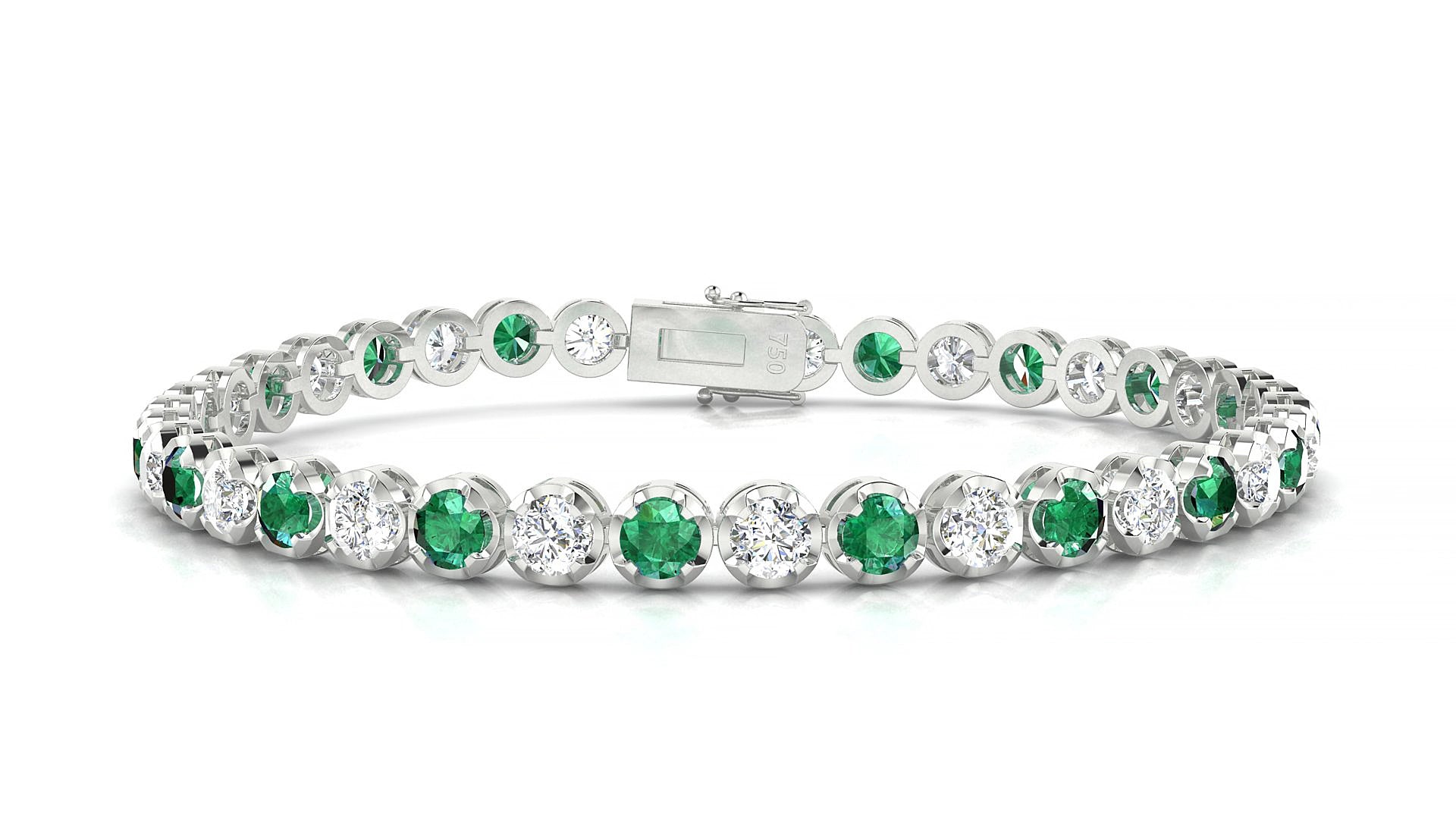Bengal 1-1 | 18k White Gold 3.4 mm Round Natural Emerald & Diamond 15 cm Tennis Bracelet