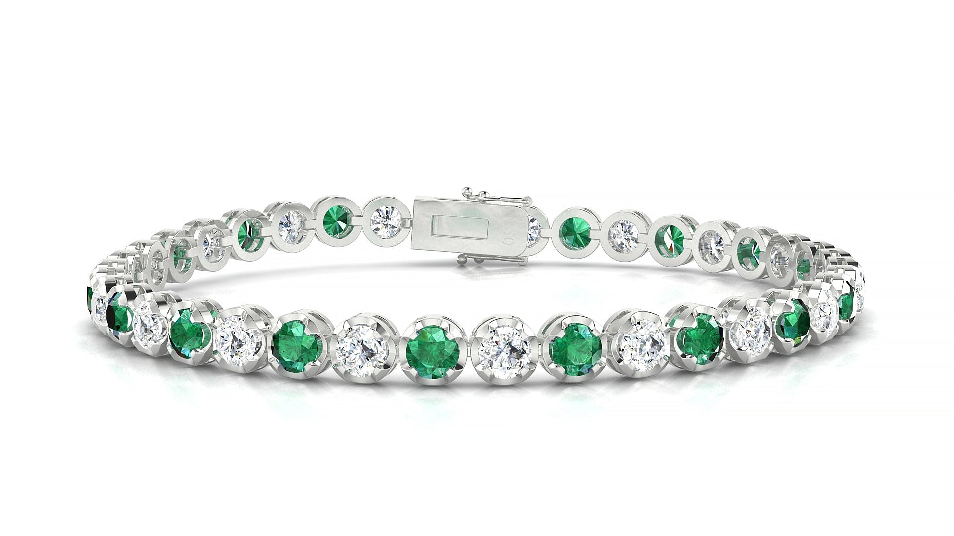 Bengal 1-1 | 18k White Gold 3.4 mm Round Natural Emerald & Diamond Tennis Bracelet
