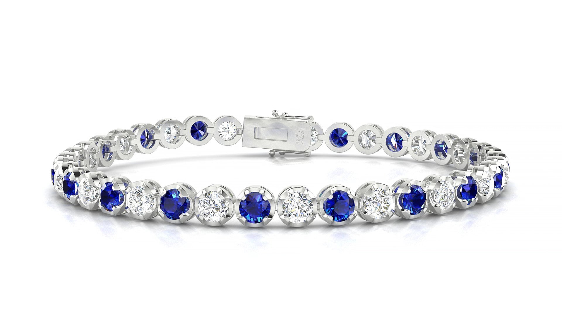 Bengal 1-1 | 18k White Gold 3.4 mm Round Natural Sapphire & Diamond 19 cm Tennis Bracelet