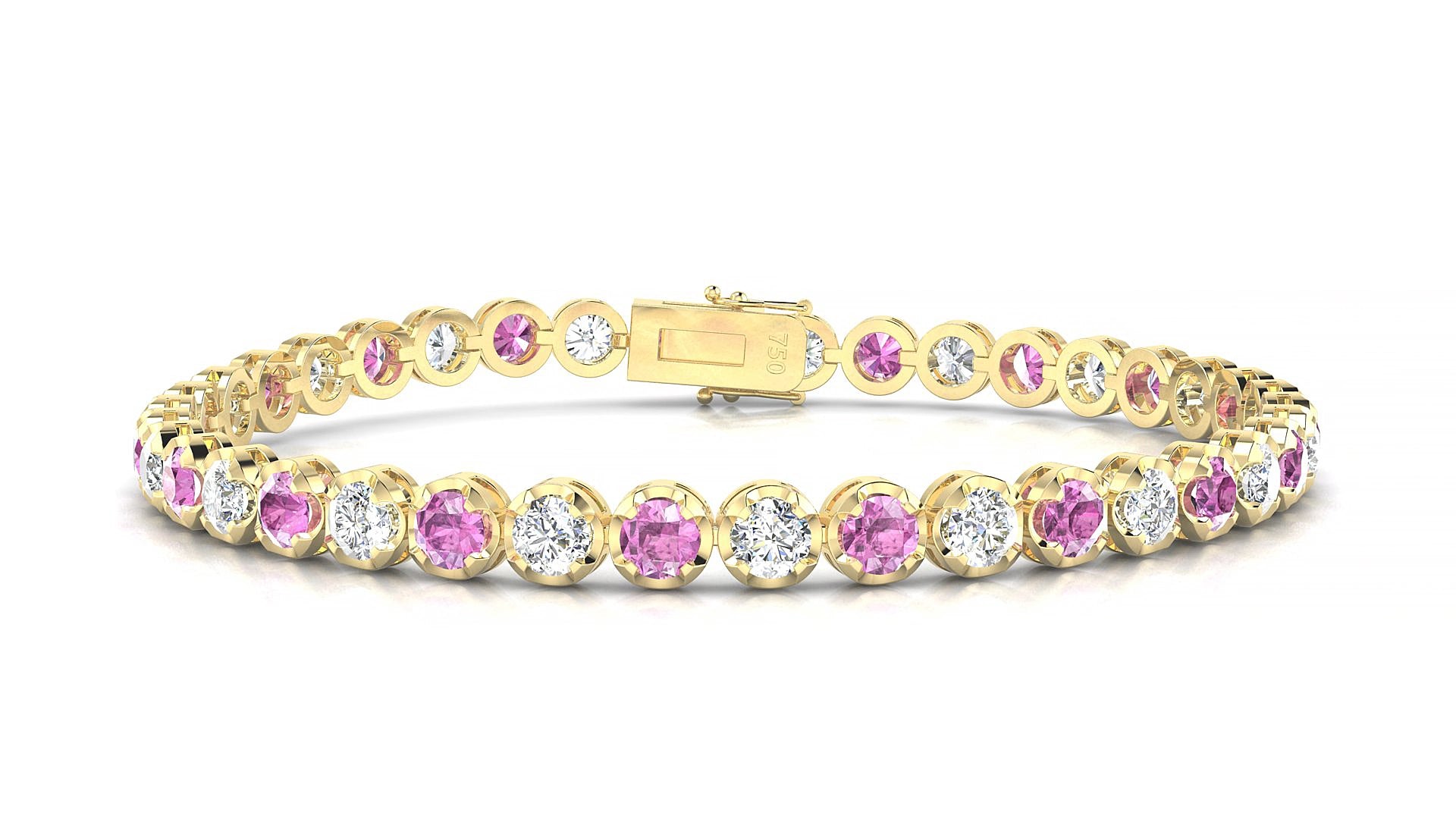 Bengal 1-1 | 18k Yellow Gold 3.4 mm Round Natural Pink Sapphire & Diamond 20 cm Tennis Bracelet