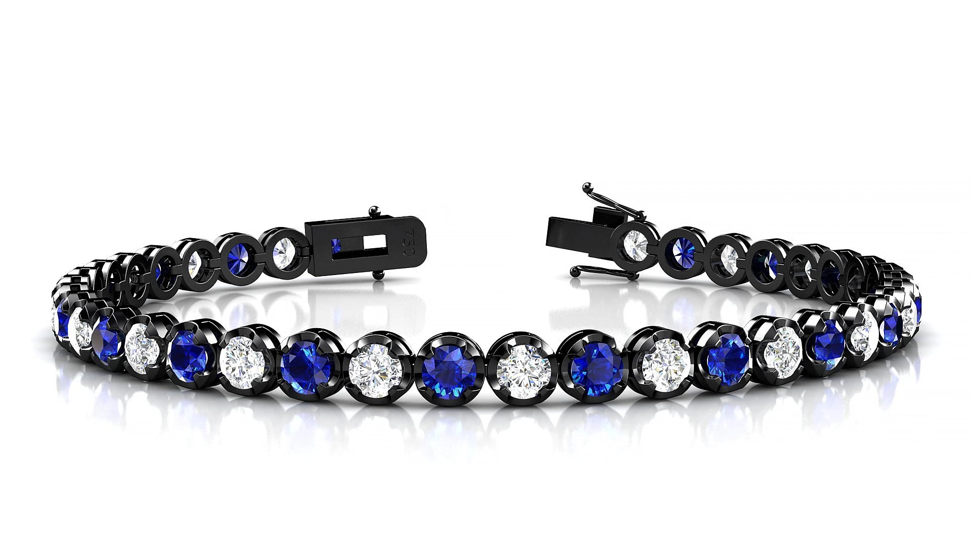 Bengal 1-1 | 18k Black Gold 3.4 mm Round Natural Sapphire & Diamond 15 cm Tennis Bracelet