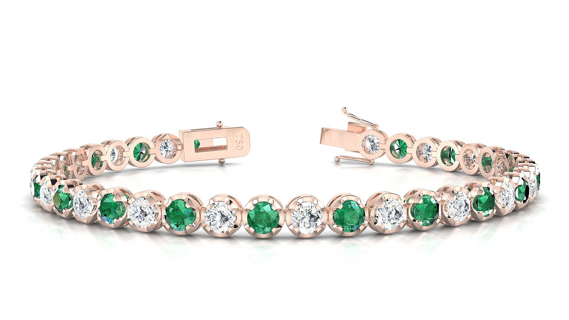 Bengal 1-1 | 18k Rose Gold 3.4 mm Round Natural Emerald & Diamond Tennis Bracelet