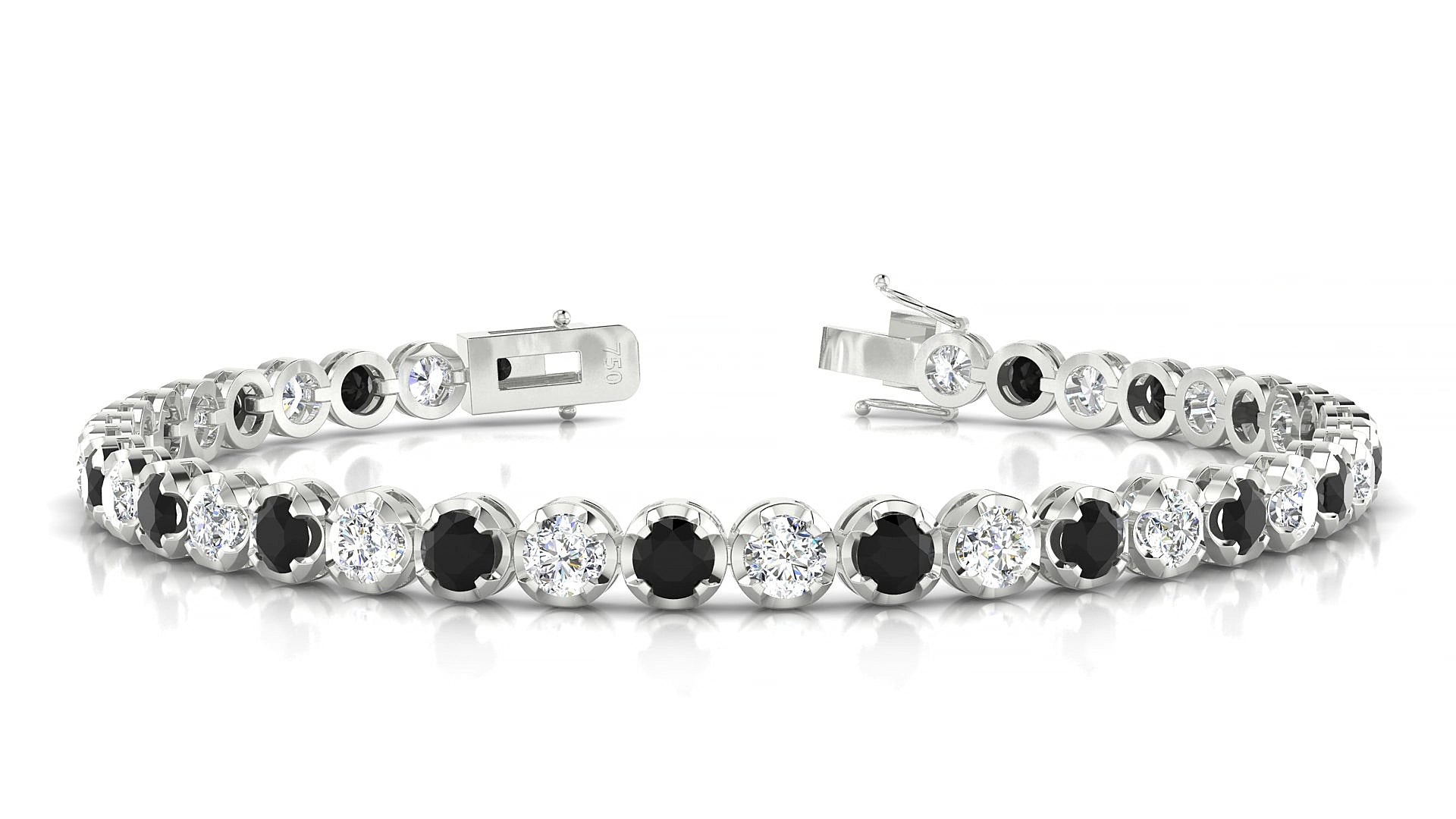 Bengal 1-1 | 18k White Gold 3.4 mm Round Natural Black Diamond & Diamond 15 cm Tennis Bracelet