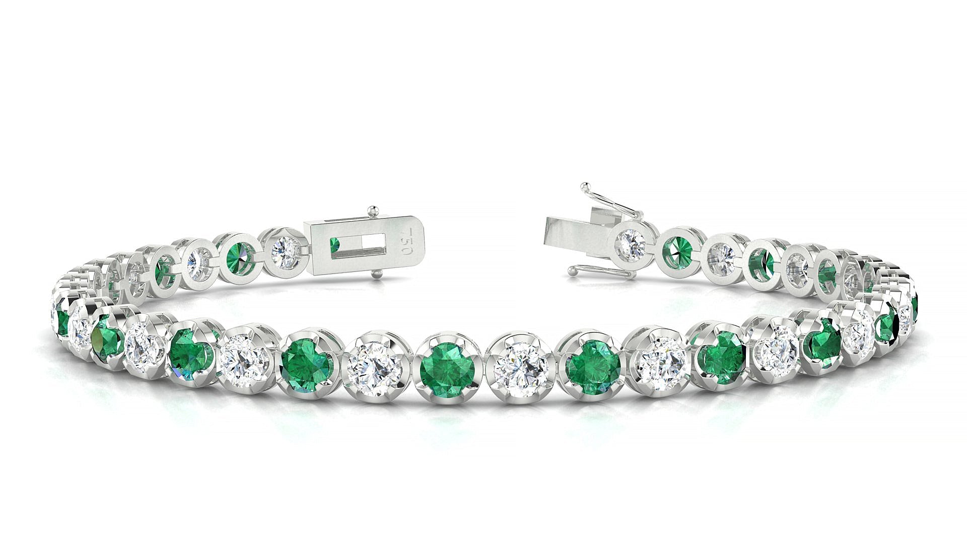 Bengal 1-1 | 18k White Gold 3.4 mm Round Natural Emerald & Diamond Tennis Bracelet
