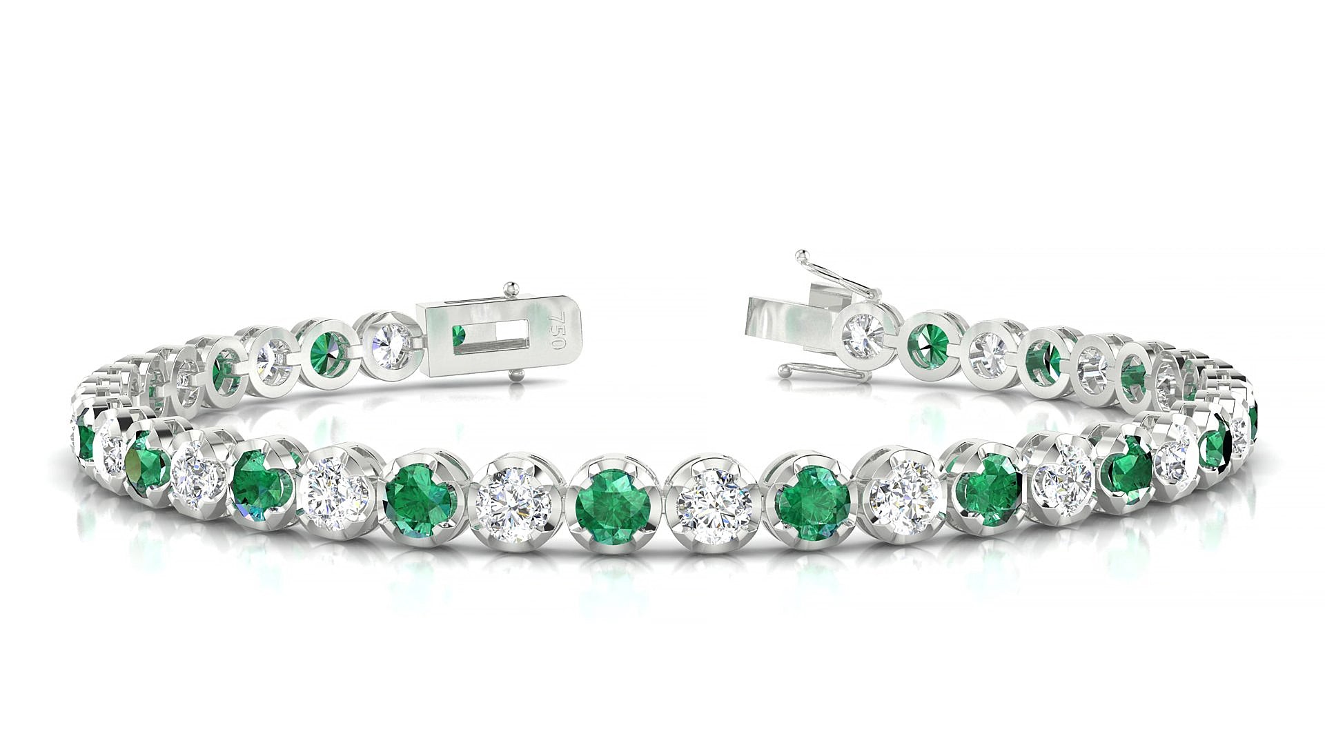 Bengal 1-1 | 18k White Gold 3.4 mm Round Natural Emerald & Diamond 15 cm Tennis Bracelet