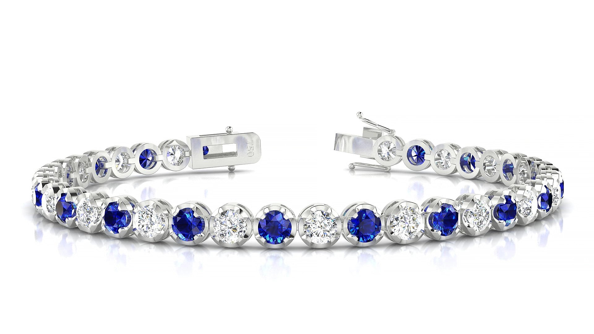 Bengal 1-1 | 18k White Gold 3.4 mm Round Natural Sapphire & Diamond 15 cm Tennis Bracelet