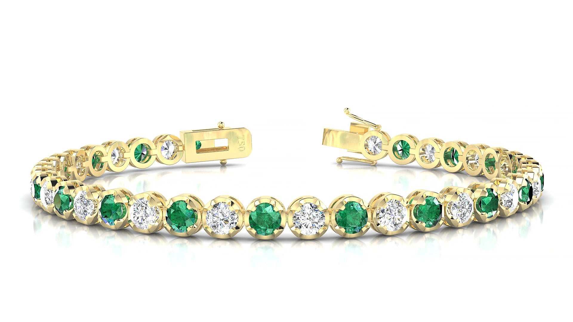 Bengal 1-1 | 18k Yellow Gold 3.4 mm Round Natural Emerald & Diamond 15 cm Tennis Bracelet