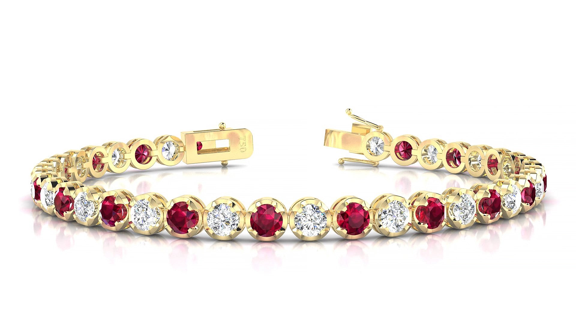 Bengal 1-1 | 18k Yellow Gold 3.4 mm Round Natural Ruby & Diamond 15 cm Tennis Bracelet