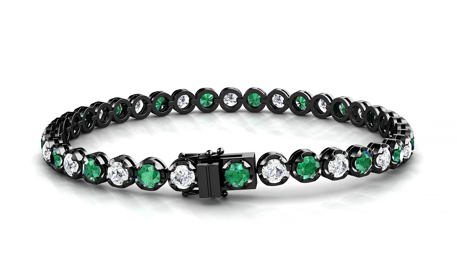 Bengal 1-1 | 18k Black Gold 3.4 mm Round Natural Emerald & Diamond 15 cm Tennis Bracelet
