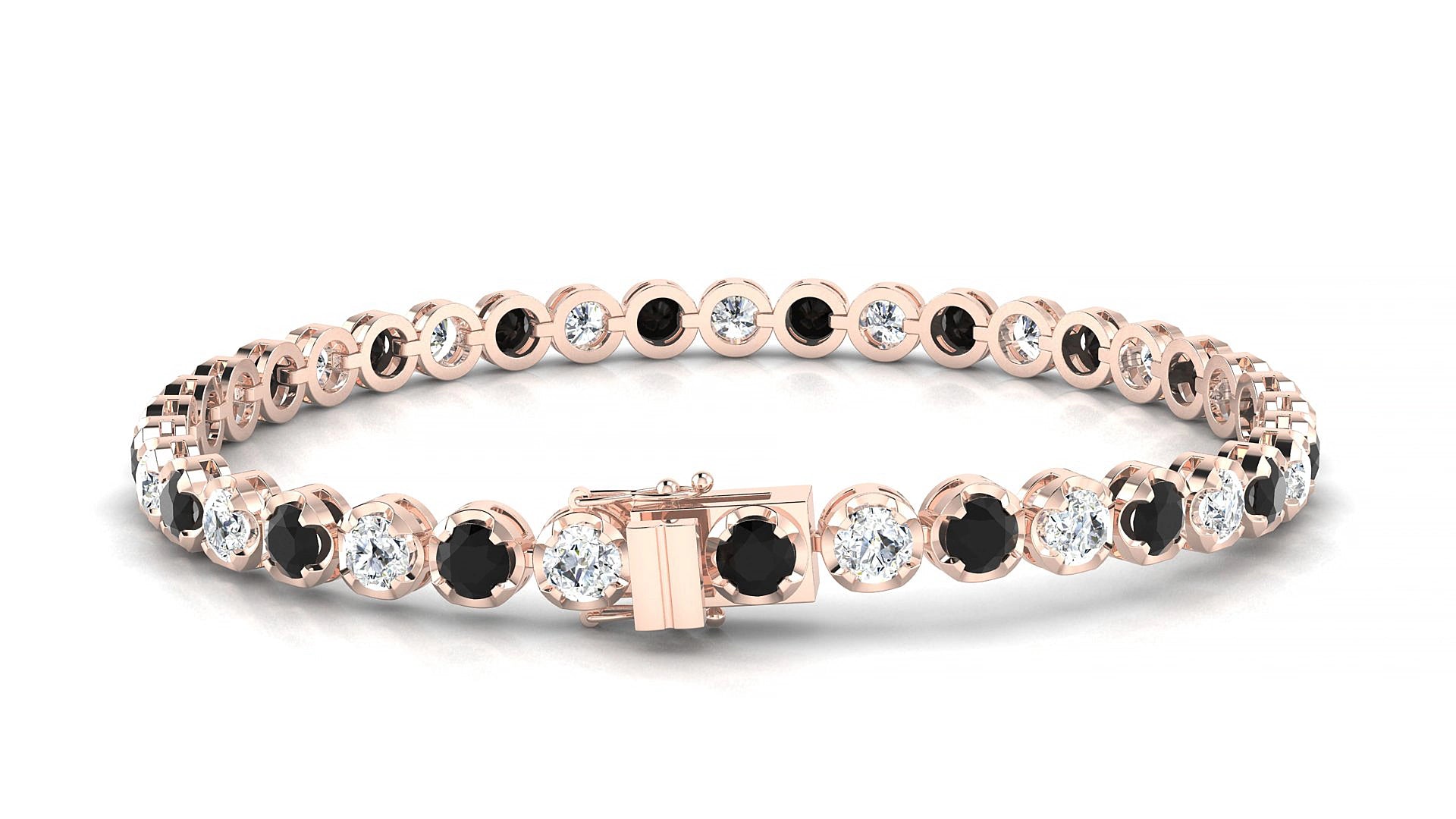 Bengal 1-1 | 18k Rose Gold 3.4 mm Round Natural Black Diamond & Diamond 15 cm Tennis Bracelet