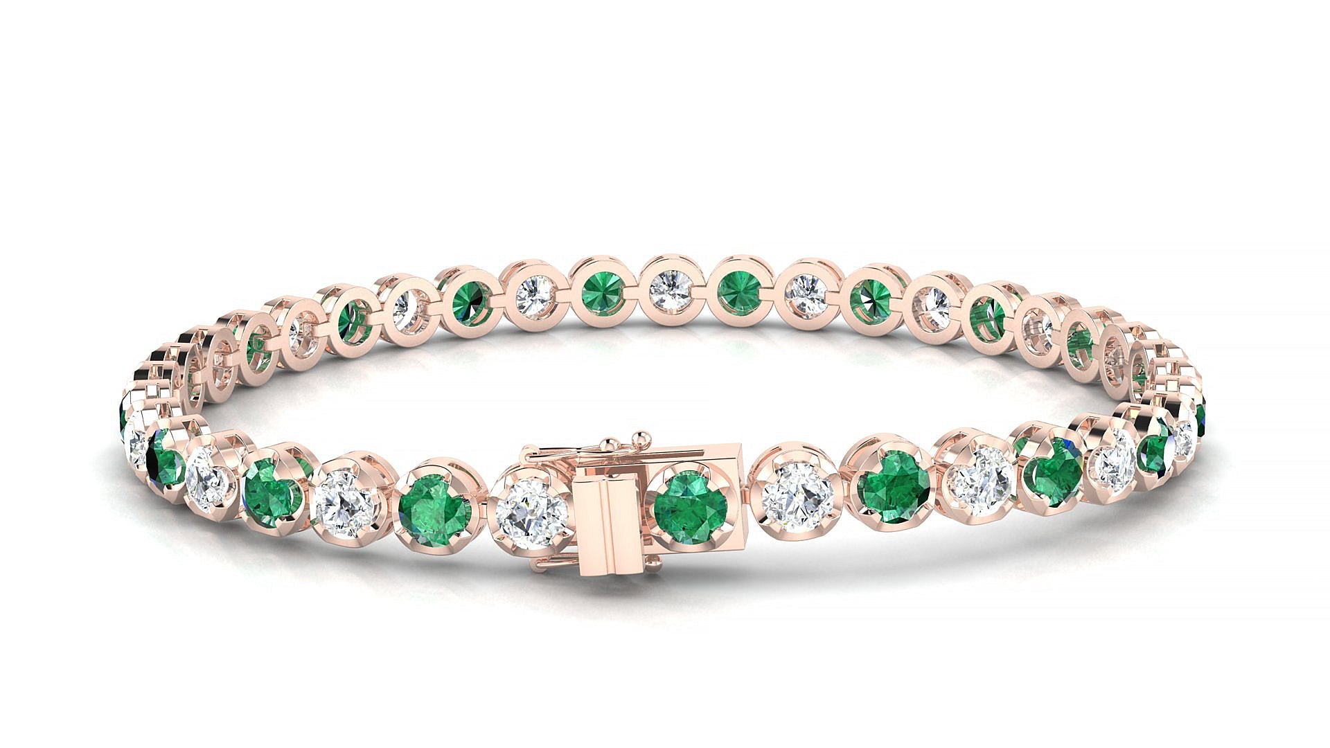 Bengal 1-1 | 18k Rose Gold 3.4 mm Round Natural Emerald & Diamond Tennis Bracelet