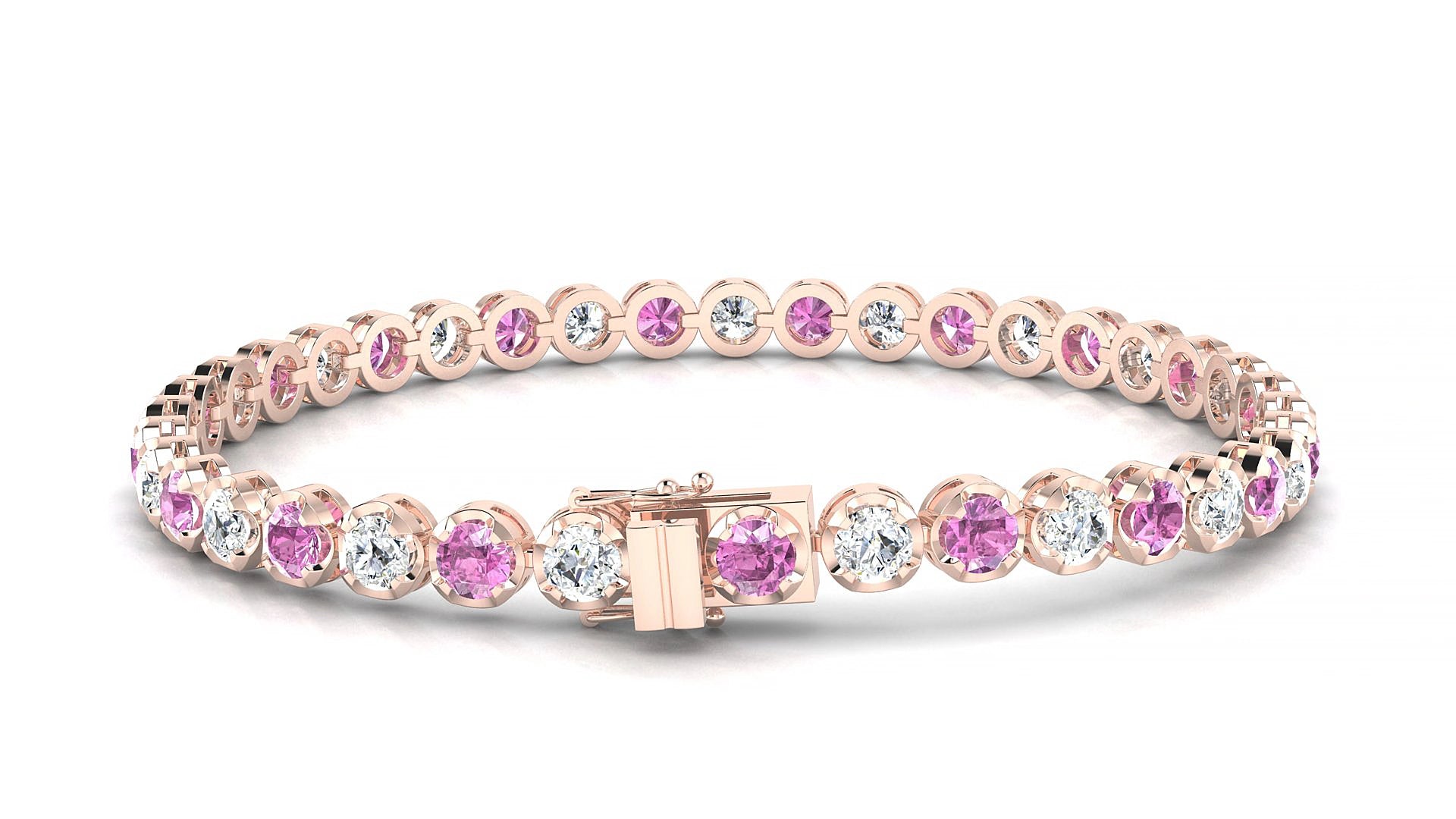 Bengal 1-1 | 18k Rose Gold 3.4 mm Round Natural Pink Sapphire & Diamond 15 cm Tennis Bracelet