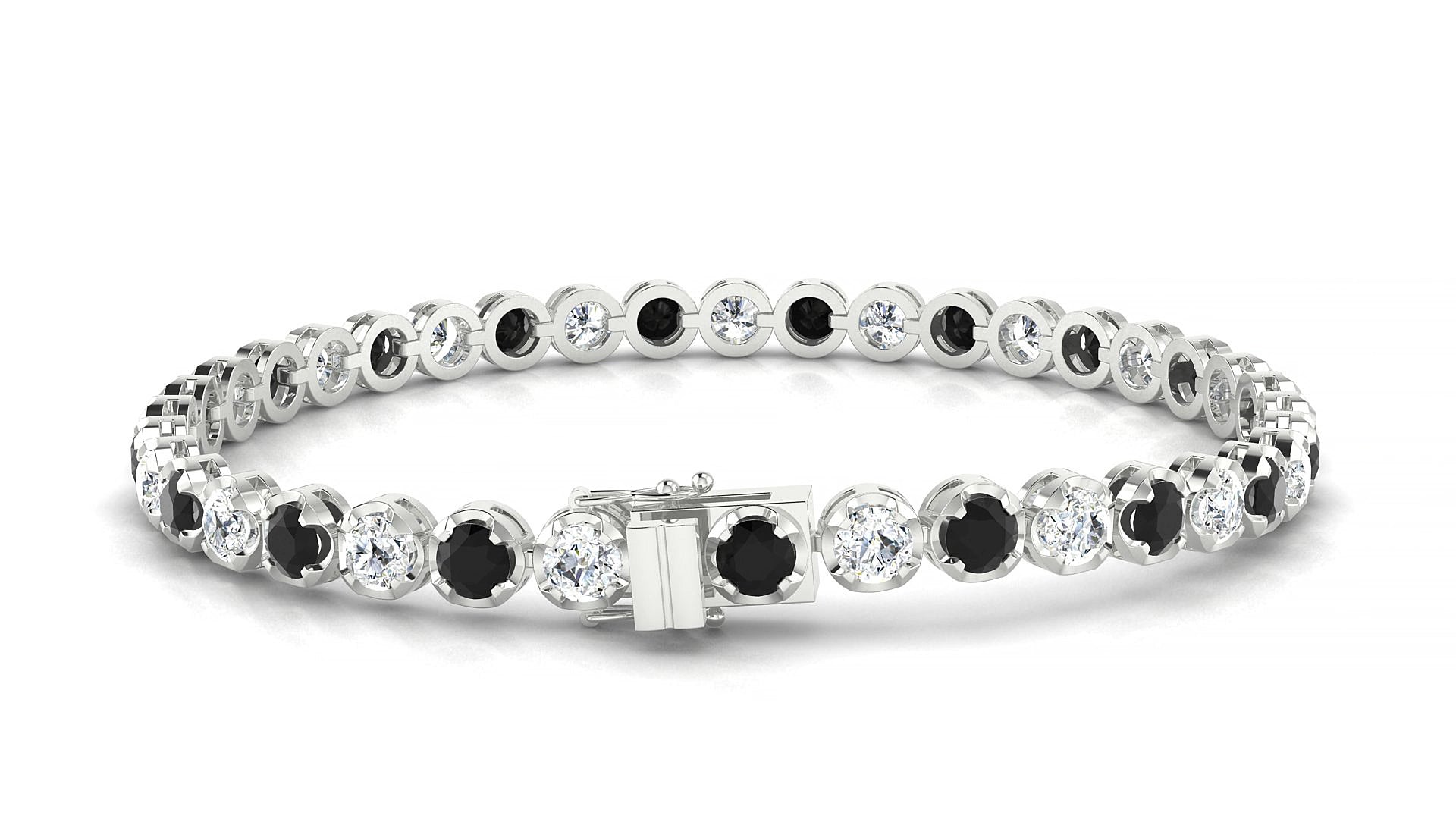 Bengal 1-1 | 18k White Gold 3.4 mm Round Natural Black Diamond & Diamond 15 cm Tennis Bracelet