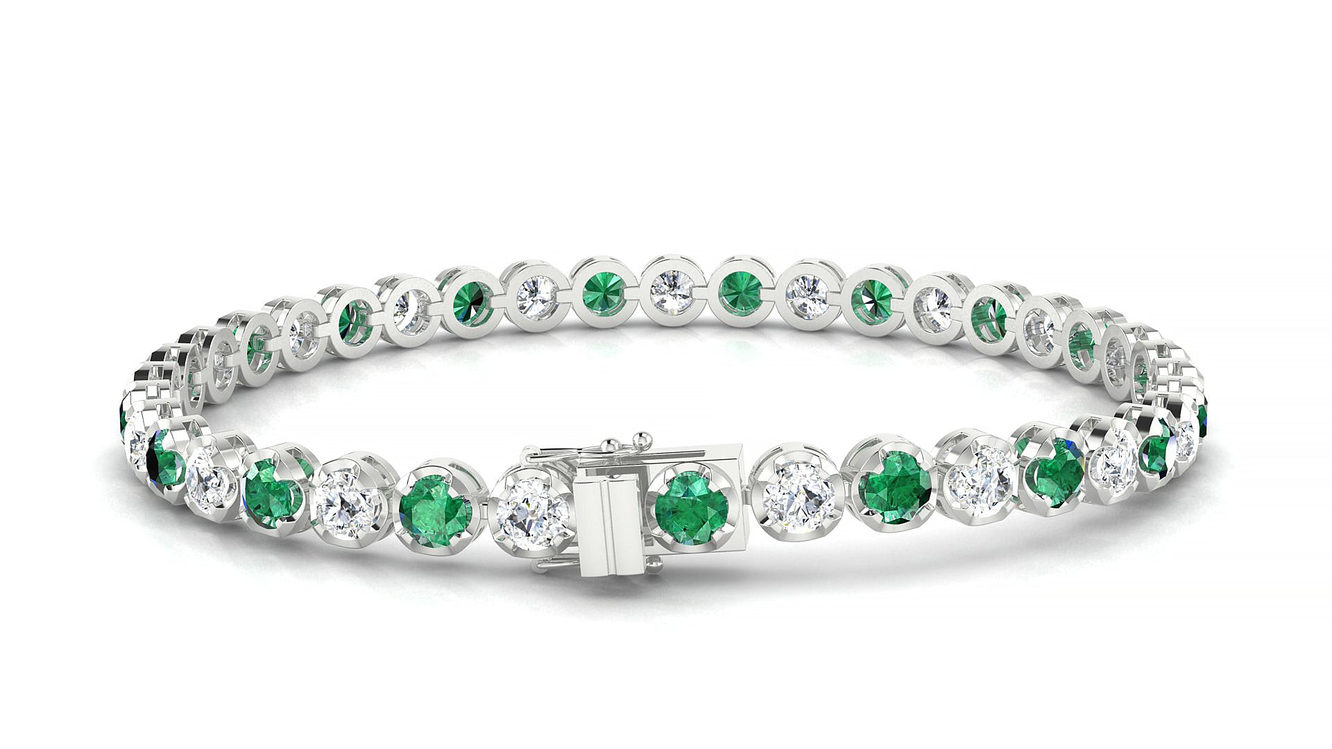 Bengal 1-1 | 18k White Gold 3.4 mm Round Natural Emerald & Diamond Tennis Bracelet