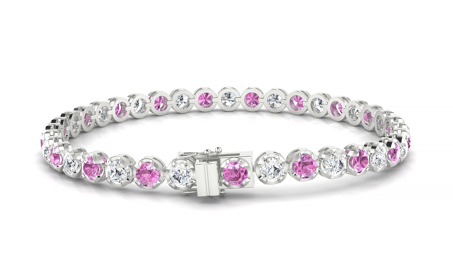 Bengal 1-1 | 18k White Gold 3.4 mm Round Natural Pink Sapphire & Diamond Tennis Bracelet