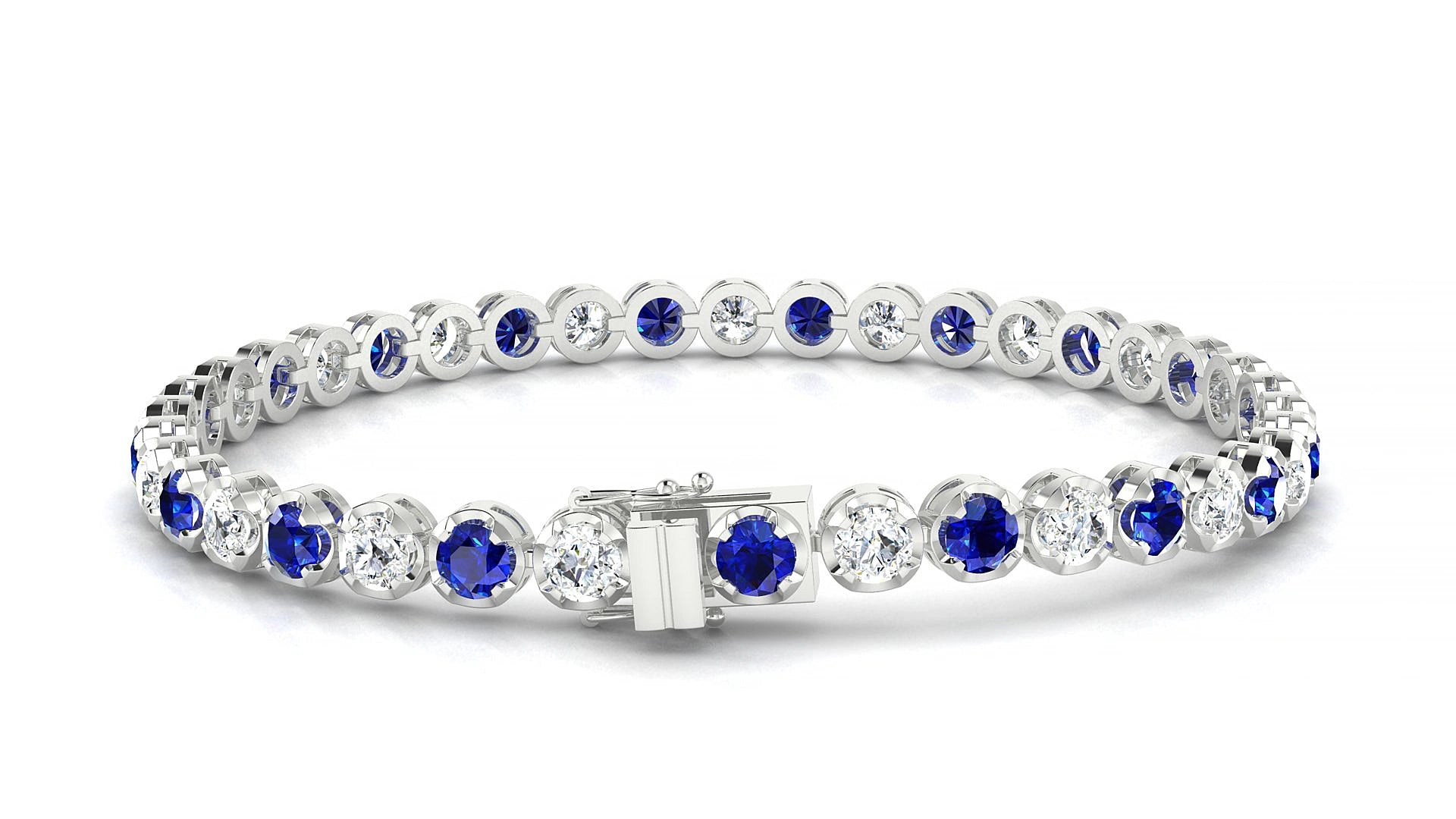 Bengal 1-1 | 18k White Gold 3.4 mm Round Natural Sapphire & Diamond 15 cm Tennis Bracelet