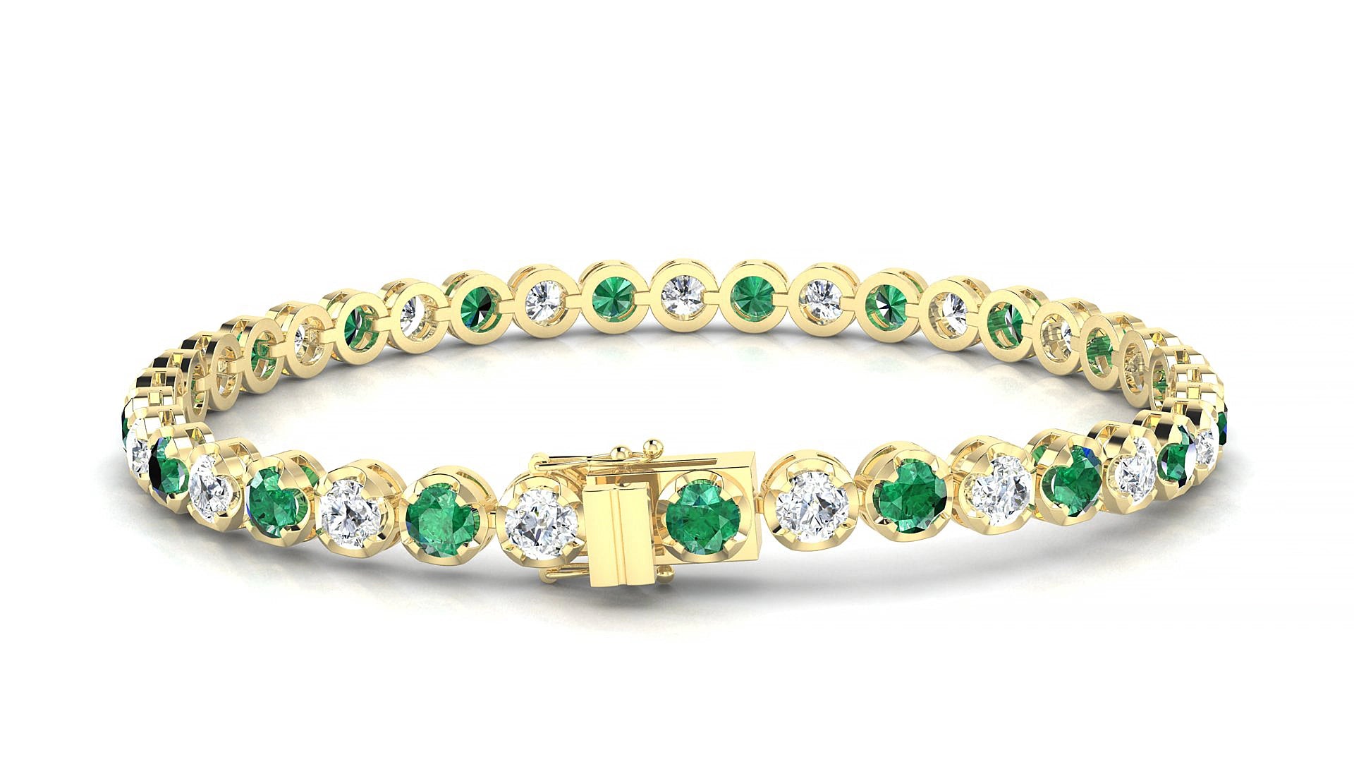 Bengal 1-1 | 18k Yellow Gold 3.4 mm Round Natural Emerald & Diamond 15 cm Tennis Bracelet
