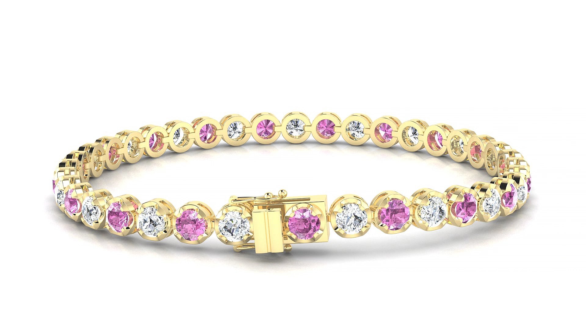 Bengal 1-1 | 18k Yellow Gold 3.4 mm Round Natural Pink Sapphire & Diamond 15 cm Tennis Bracelet