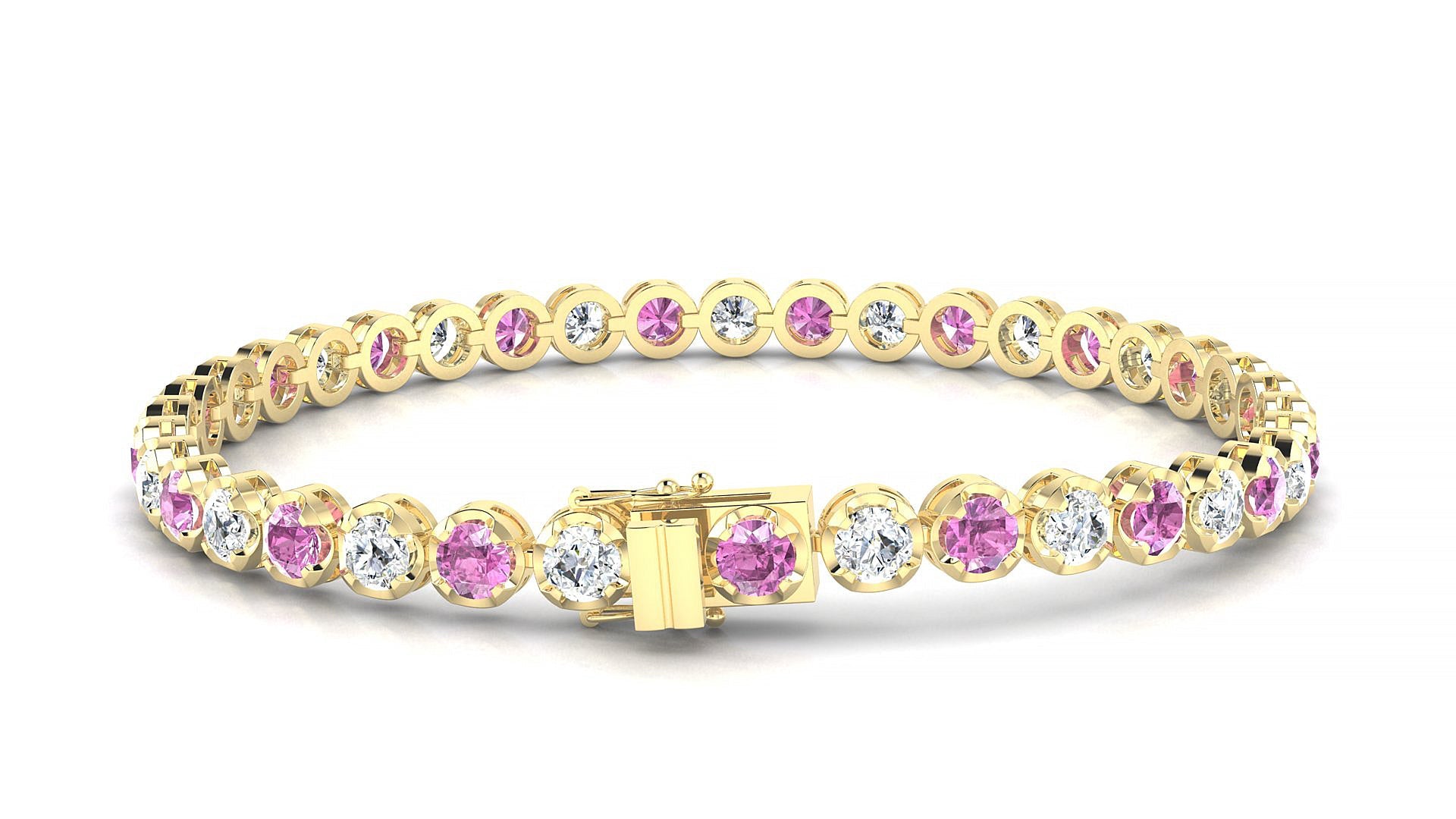 Bengal 1-1 | 18k Yellow Gold 3.4 mm Round Natural Pink Sapphire & Diamond Tennis Bracelet