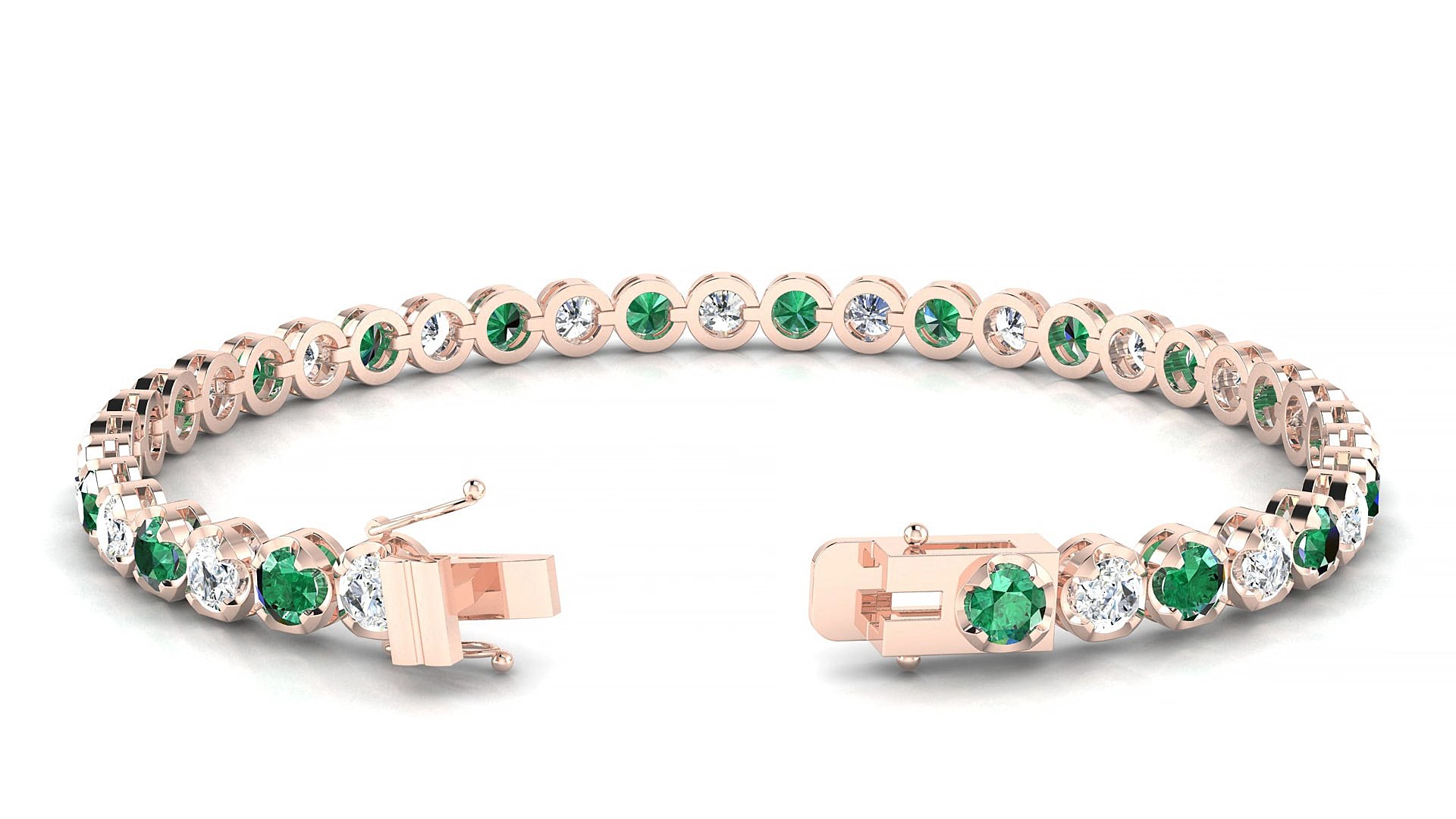 Bengal 1-1 | 18k Rose Gold 3.4 mm Round Natural Emerald & Diamond 15 cm Tennis Bracelet