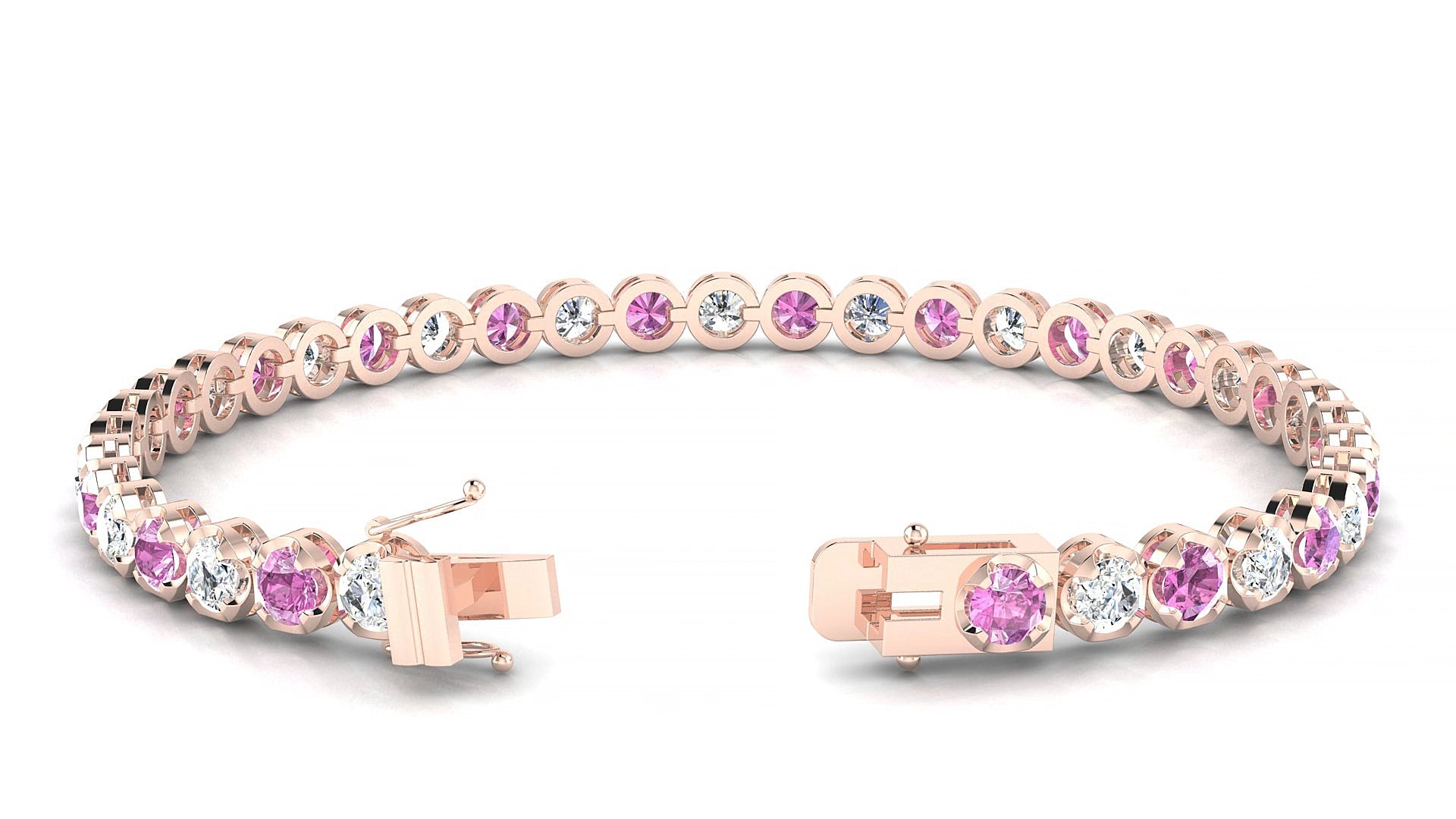 Bengal 1-1 | 18k Rose Gold 3.4 mm Round Natural Pink Sapphire & Diamond 20 cm Tennis Bracelet