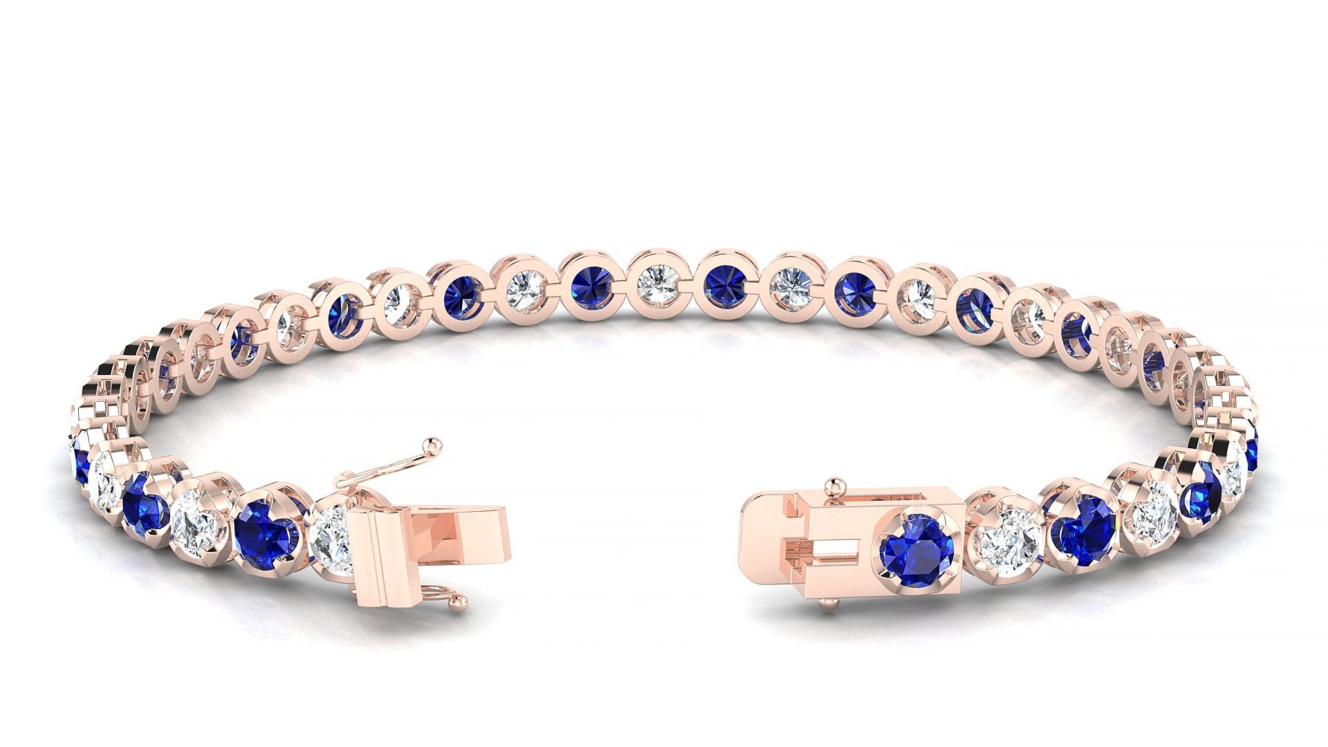 Bengal 1-1 | 18k Rose Gold 3.4 mm Round Natural Sapphire & Diamond 15 cm Tennis Bracelet