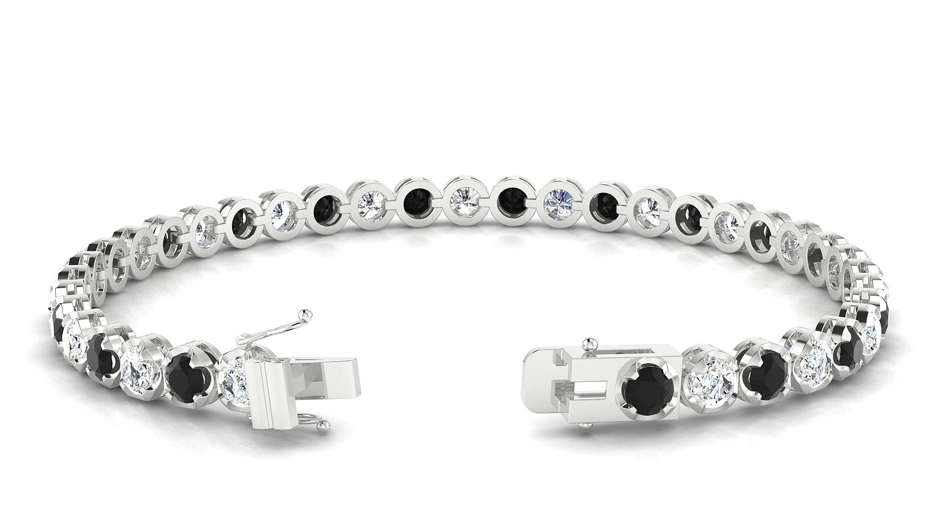 Bengal 1-1 | 18k White Gold 3.4 mm Round Natural Black Diamond & Diamond 15 cm Tennis Bracelet