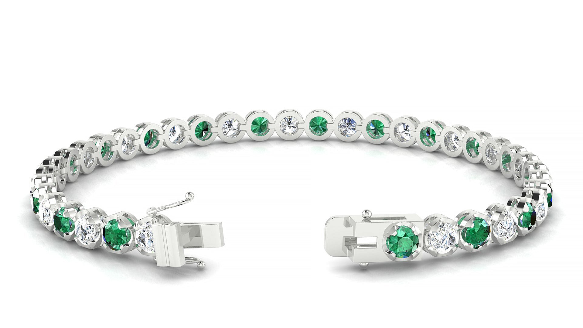 Bengal 1-1 | 18k White Gold 3.4 mm Round Natural Emerald & Diamond Tennis Bracelet