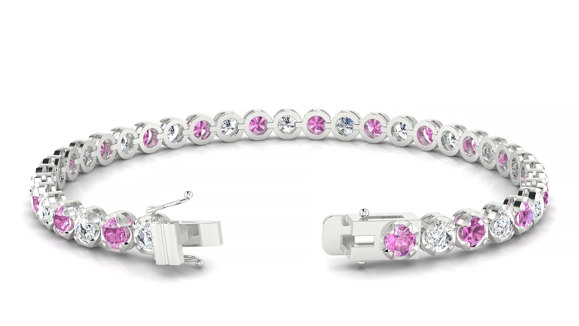 Bengal 1-1 | 18k White Gold 3.4 mm Round Natural Pink Sapphire & Diamond Tennis Bracelet