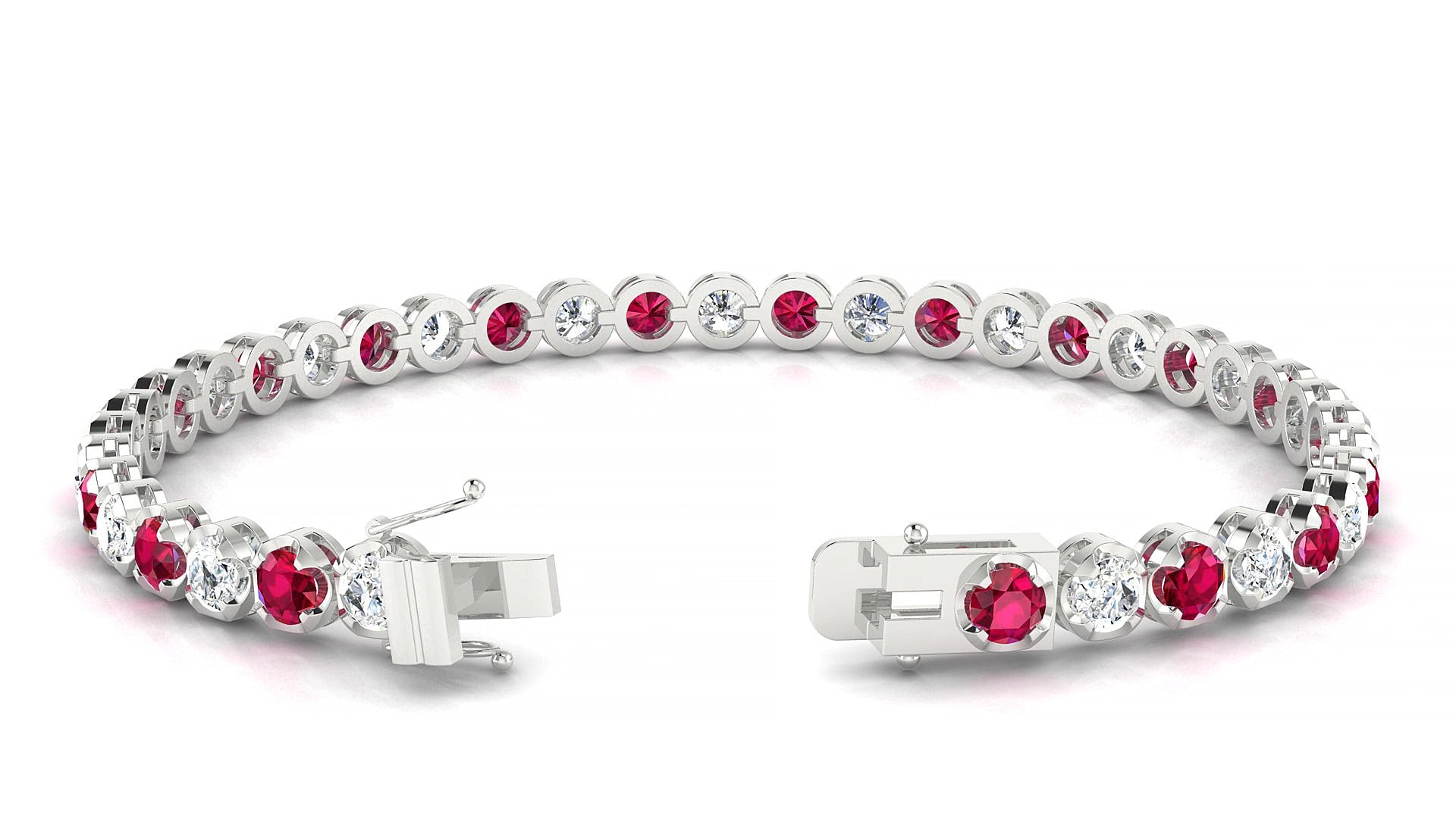 Bengal 1-1 | 18k White Gold 3.4 mm Round Natural Ruby & Diamond 15 cm Tennis Bracelet