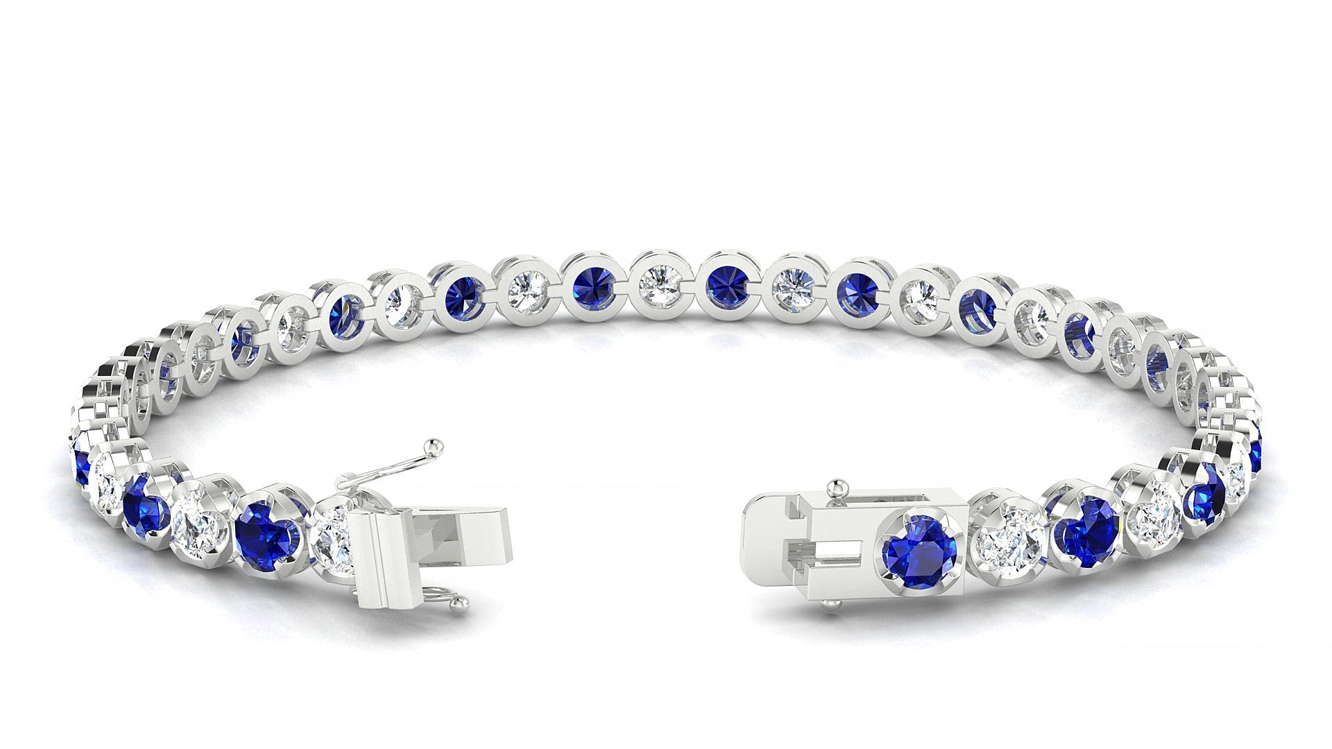 Bengal 1-1 | 18k White Gold 3.4 mm Round Natural Sapphire & Diamond 19 cm Tennis Bracelet