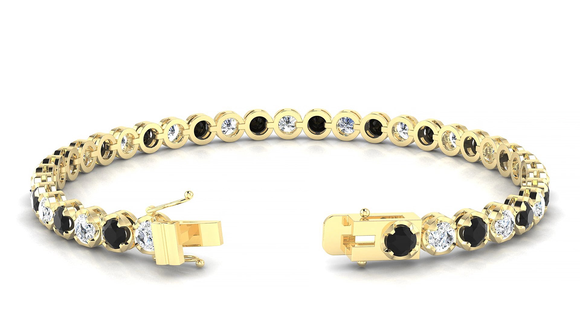 Bengal 1-1 | 18k Yellow Gold 3.4 mm Round Natural Black Diamond & Diamond 15 cm Tennis Bracelet