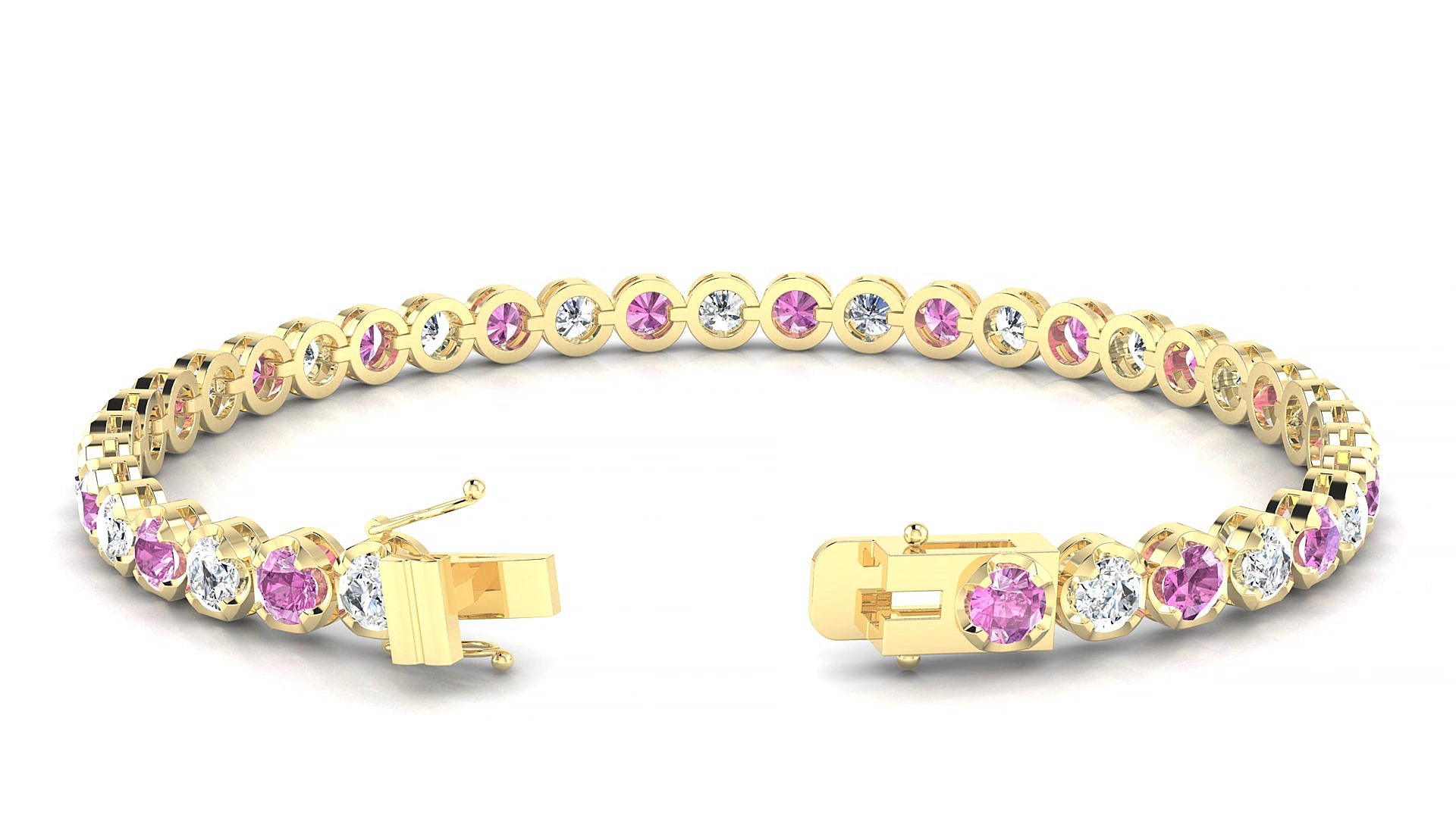 Bengal 1-1 | 18k Yellow Gold 3.4 mm Round Natural Pink Sapphire & Diamond 20 cm Tennis Bracelet